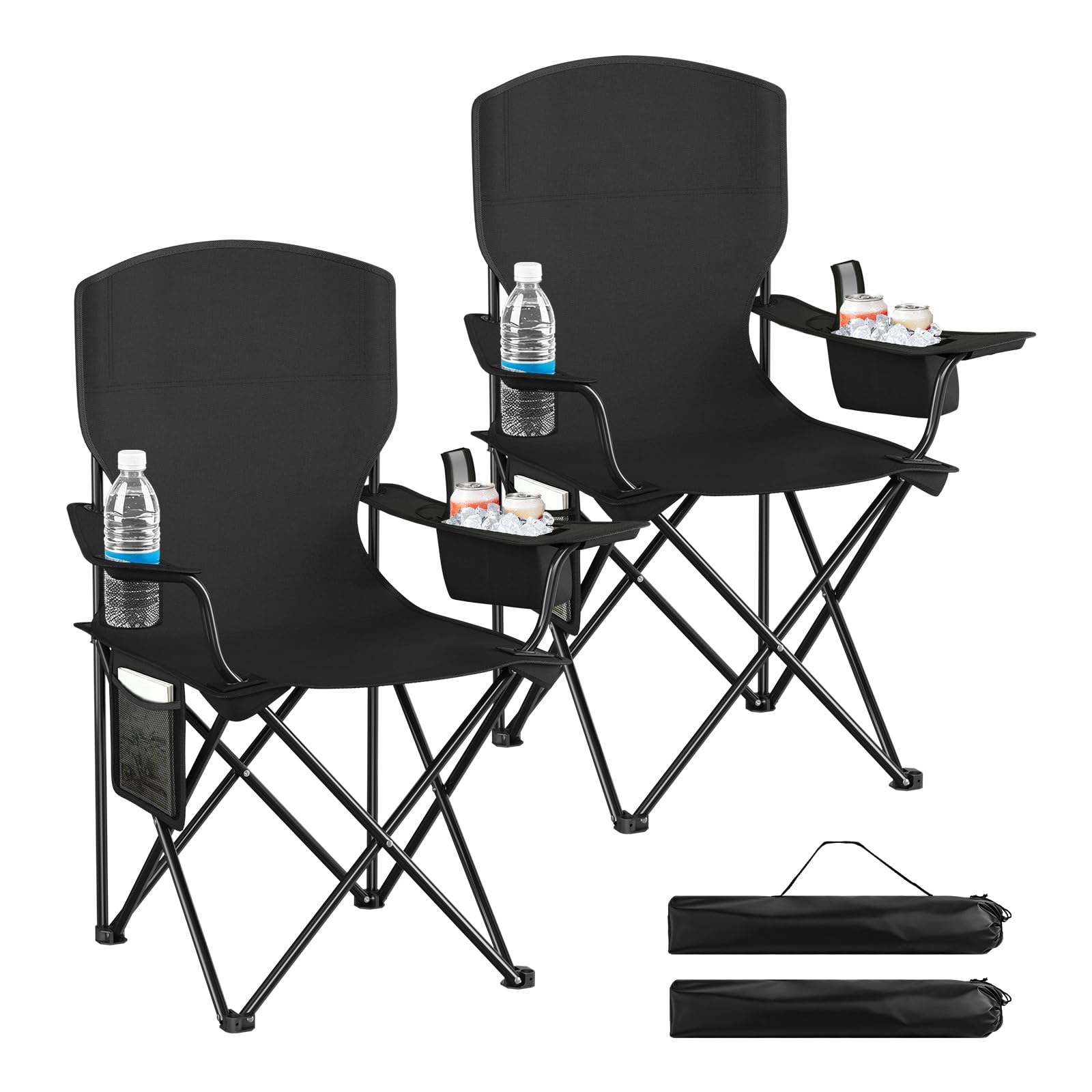 WOLTU Campingstuhl 2er Set Klappstuhl Faltbar bis 130 kg Belastbar mit Getränkehalter Seitentasche & Kühltasche, Outdoor Angelstuhl Camping Klappstuhl für Strand Angeln,Schwarz