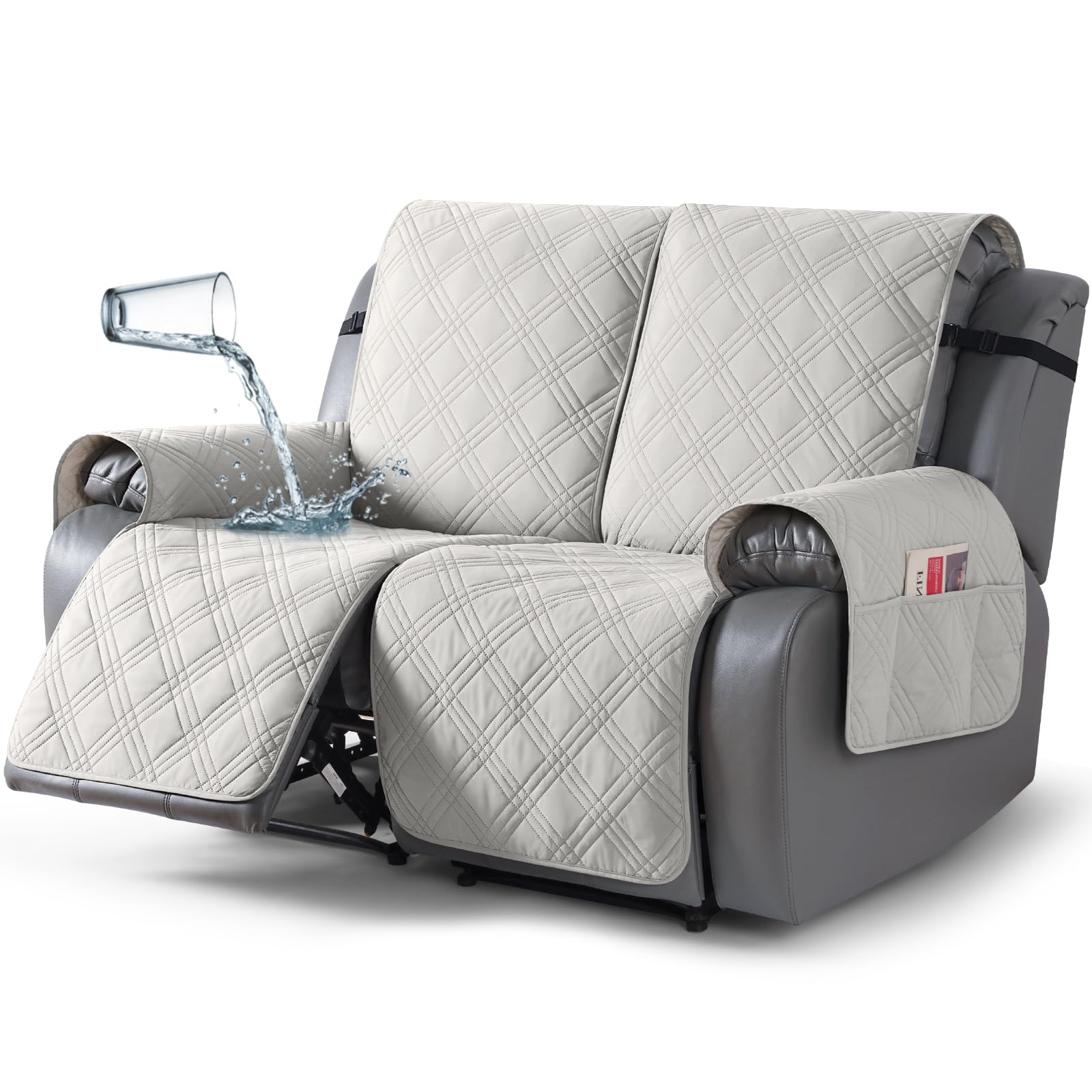 TAOCOCO 100% Waterproof Loveseat Recliner Cover with Straps, Split Loveseat Covers for Reclining loveseat, Non Slip Reclining Sofa Cover Furniture Protector for Kids, Pets(2 Seater, Off White)