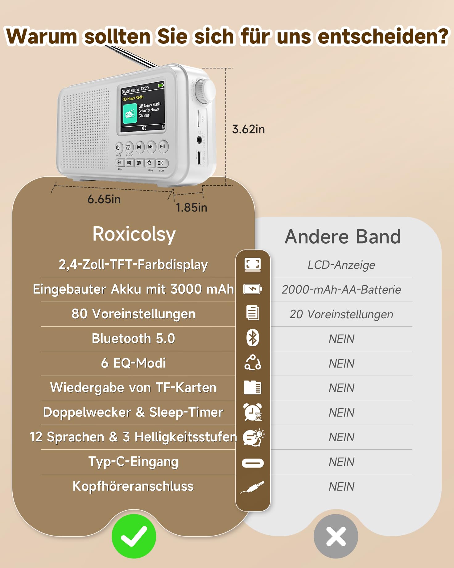 Roxicosly Radio portatile DAB/DAB+, 80 preimpostazioni, radio digitale FM con batteria da 3000 mAh, radio da cucina con Bluetooth 5.0, modalità EQ, timer, snooze, porta AUX TF/3,5 mm, doppio allarme