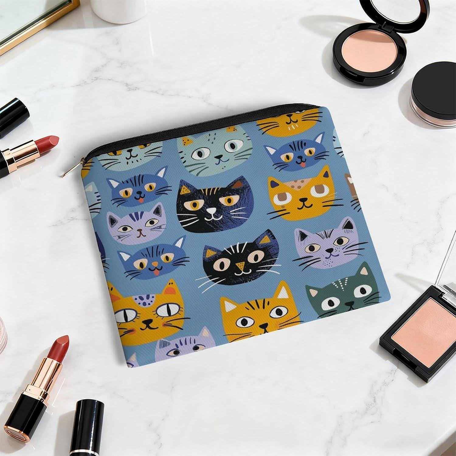 Blue Cat Pattern Aesthetic Makeup Bag Cosmetic Bag with Zipper image 5