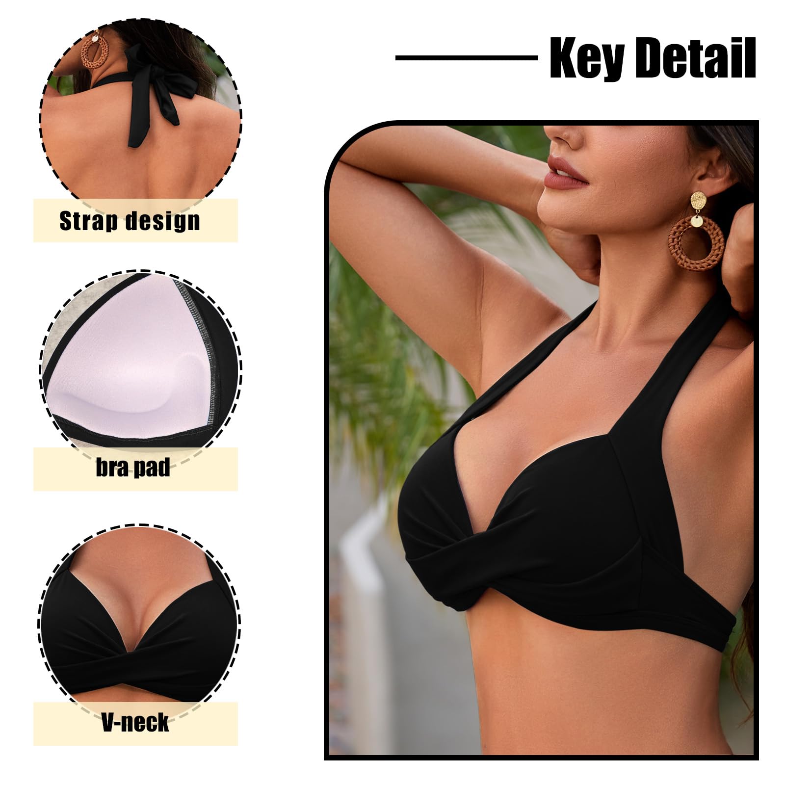Parte Superior de Bikini para Mujer Triángulo Top de bañador con Cuello en V y Lazo en la Espalda Top de Bikini Clásico Push Up