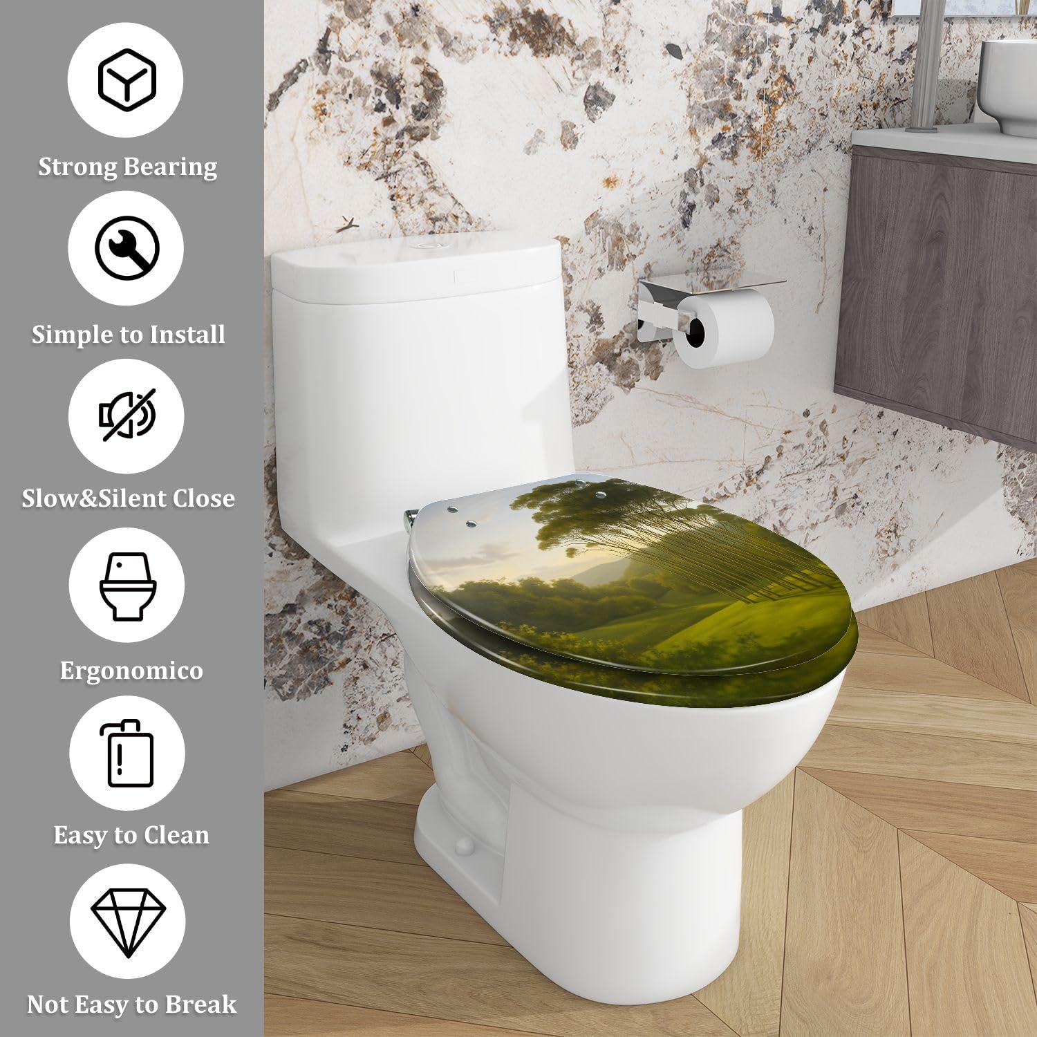 Asiento de inodoro alargado de resina con cierre suave para baño.