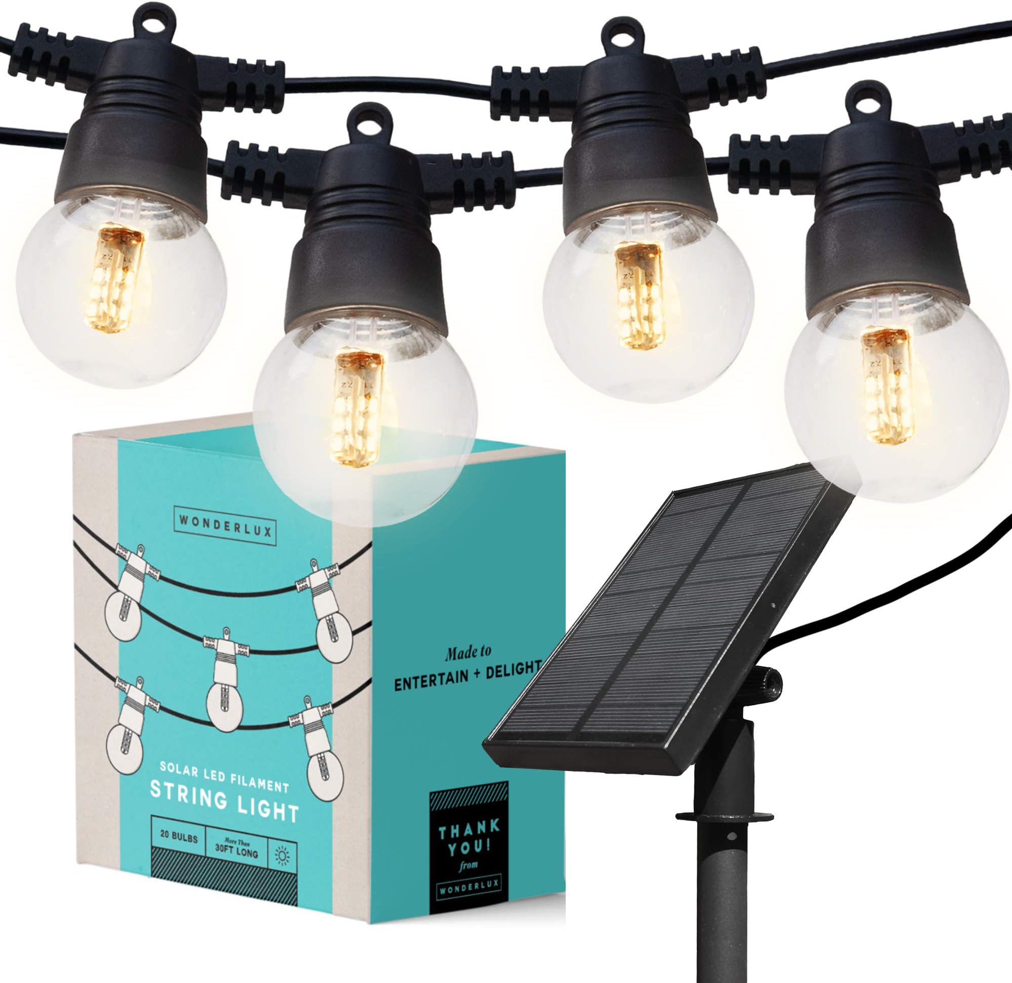 Solar String Lights LED Filament, 20 Clear Bulbs, LONGER 32+ Feet for Outdoor, Porch, Gazebo, Patio. Powers Itself from the Sun, No Plug Needed. Hardware to Attach to Fence, Pergola and more