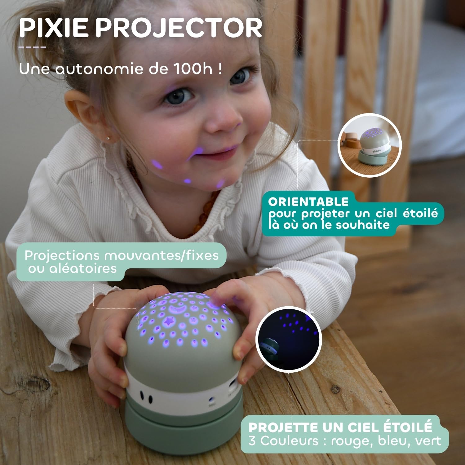 BÉABA, Veilleuse Bébé avec Ciel Étoilé 3 Couleurs, 9 Sons Relaxants (4 Nature, 4 Berceuses,1 Bruit Blanc), Détecteur de Pleurs, Autonomie 100h, Recharge USB, Transportable, Pixie Projector, Vert Sauge