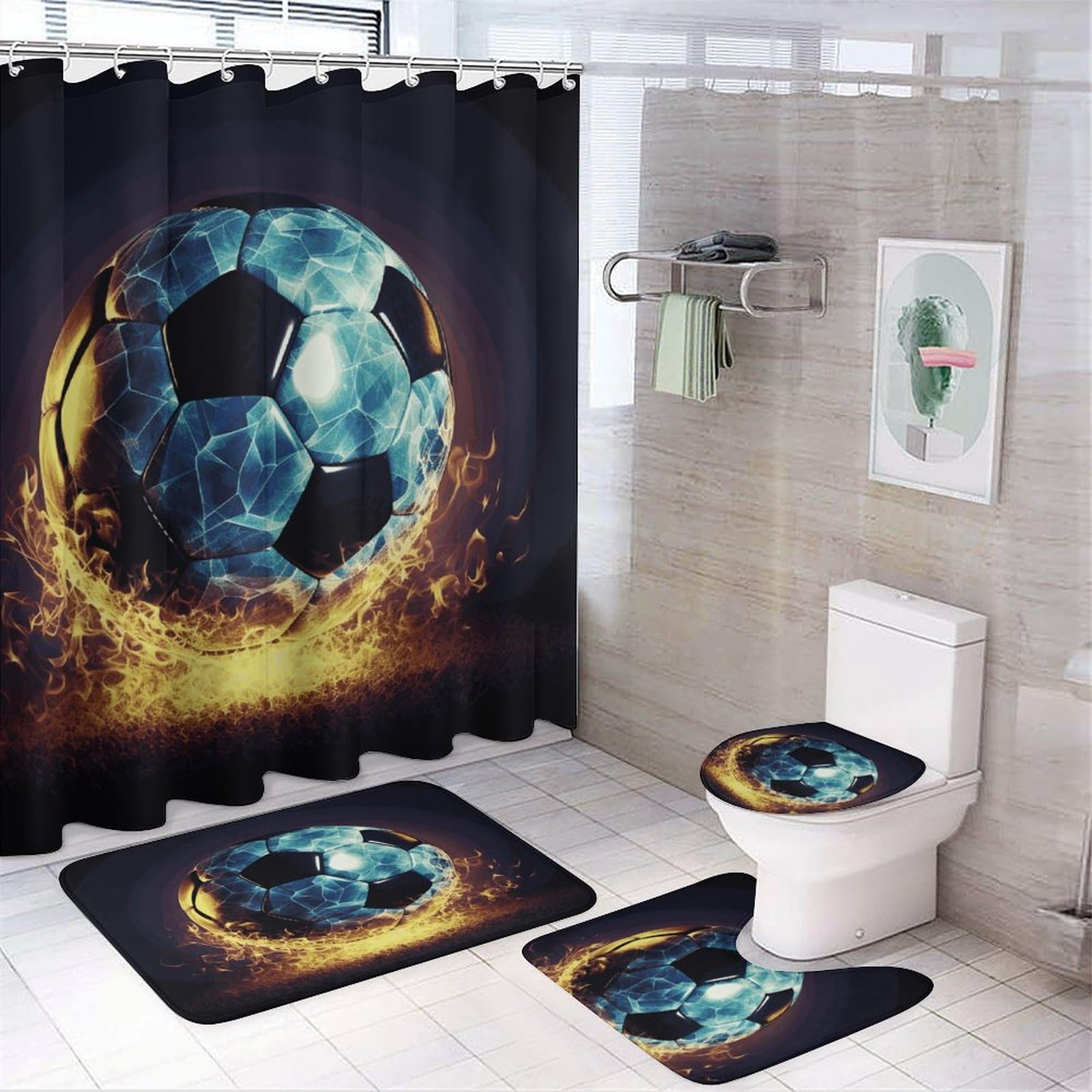 Rideau de douche football anti-moisissure et tapis absorbants pour rénover une salle de bain