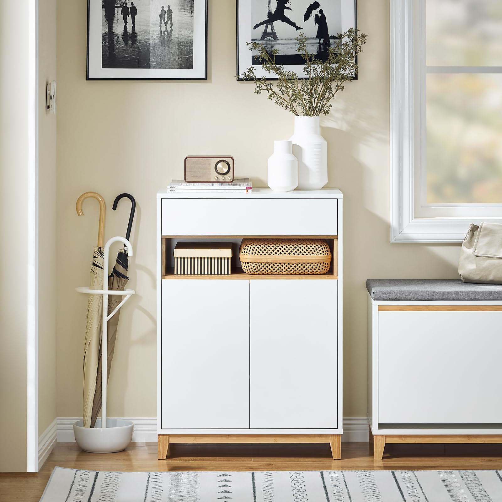 SoBuy Credenza Cucina Mobile Soggiorno – Madia Salvaspazio con Cassetto e Ripiani Regolabili - Mobiletto Ingresso Multiuso Per Cucina, Ingresso o Salotto - Bianco/Naturale 60x34x85cm FSB97-WN