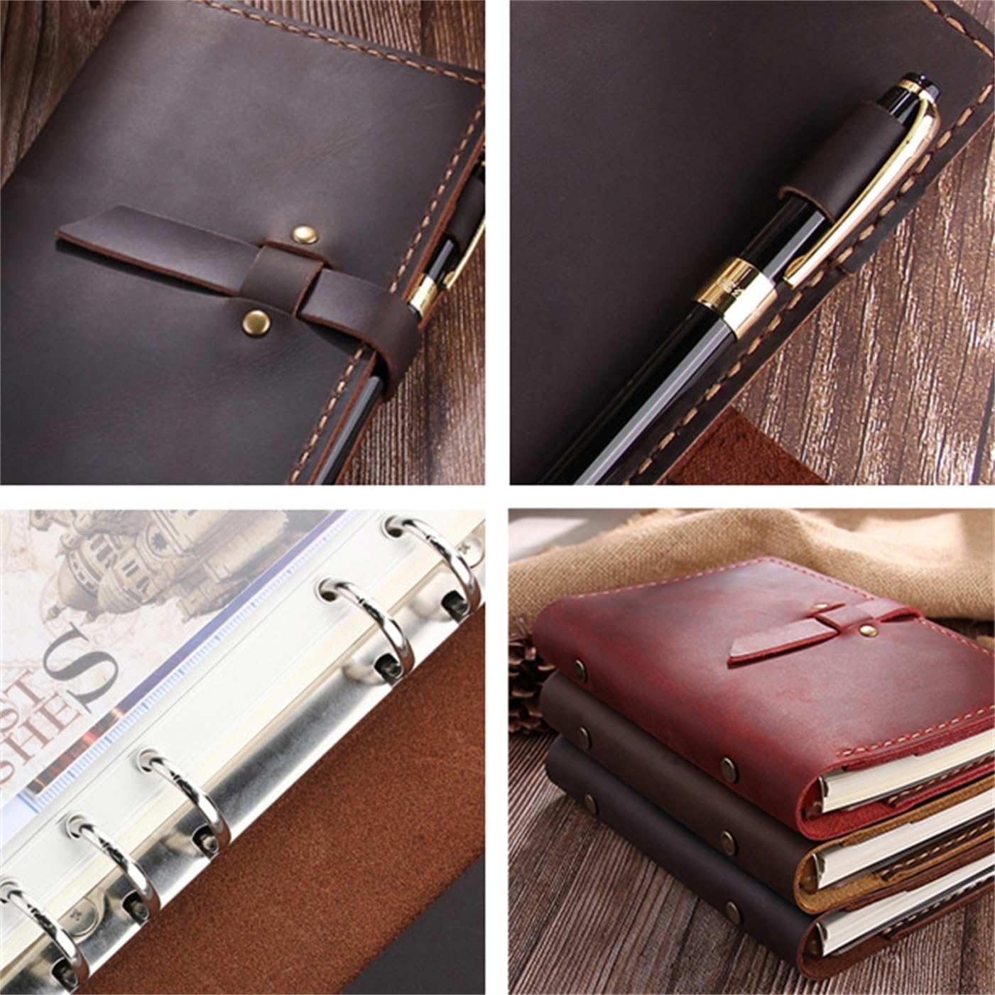A6 Leder-Notizbuch mit 6 Ringen nachfüllbar – Planer mit Kartenfächern, Stiftschlaufe & Taschen – Vintage handgemachtes Reisetagebuch & Organizer for Männer & Frauen(Coffee)