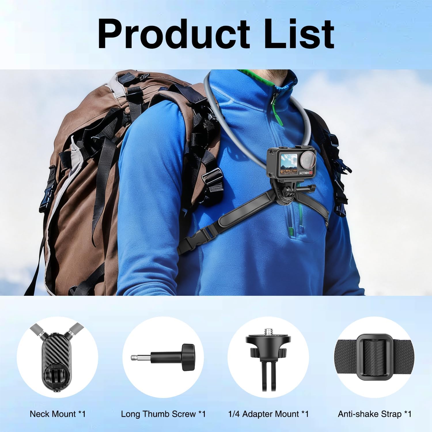 Neck Mount for Action Camera, with Air Cushion and Adjustable Chest Strap, Hands-Free POV Vlogging for GoPro Hero 13/12/11/10/9, Insta 360 X5/X4/X3/Ace Pro 2, DJI Osmo Action 5 Pro/4/3