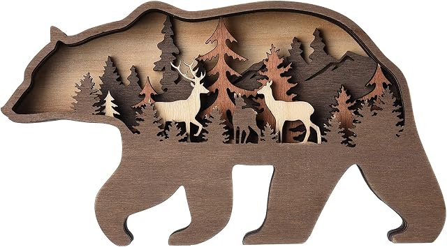 Lazyspace Wooden Brown Bears Decorations,3D Creative Forest Animal Bear Elk Silhouette Home Ornaments Hollowed Back Multi-Layer Forest Scene Display, for Desktop Ornaments, Home Decor