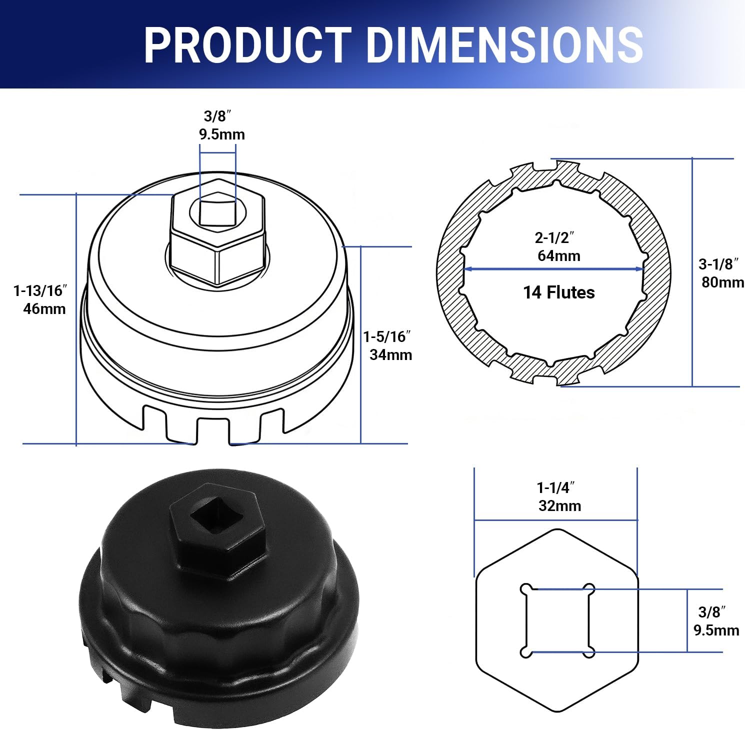 64MM Oil Filter Socket Set Cap Style 14Flute Oil Filter Wrench for Toyota Oil Filter Removal Tool Compatible with Toyota Highlander Lexus RAV4 Camry Tundra Sienna 2.5-5.7L Engine (6 Slots)