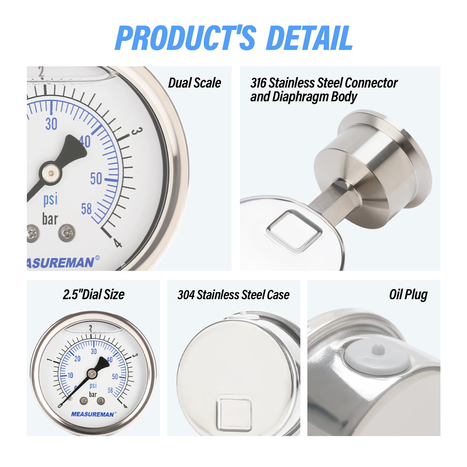 Hygienisches Manometer, glycerinbefüllt, 0-4bar/psi, Brauerei, Lebensmittel und Pharmabranche