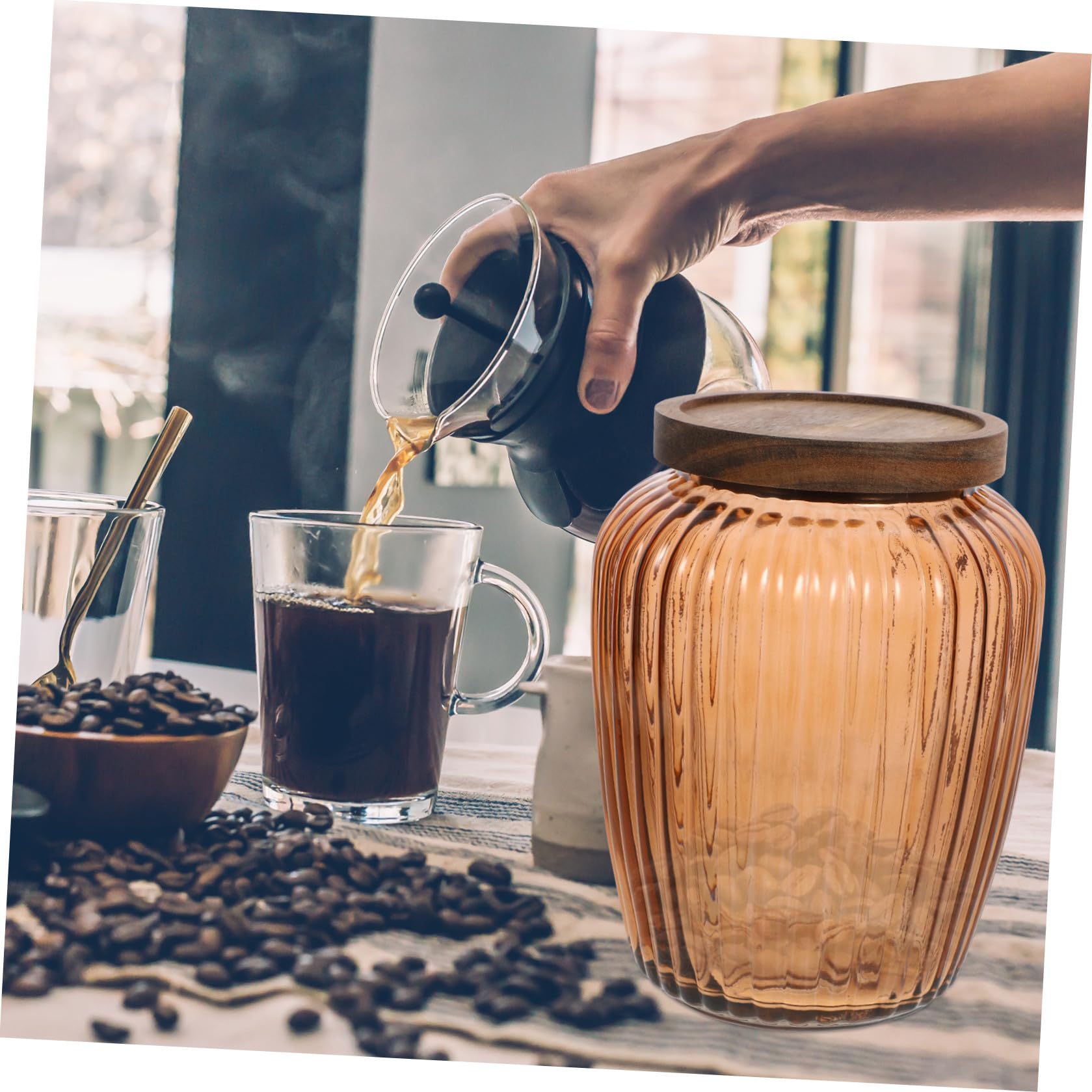 MAGICLULU Barattolo Vetro con Coperchio in Legno di Acacia Contenitore per Alimenti Atenico per Cereali Fagioli con Design Righe Retro