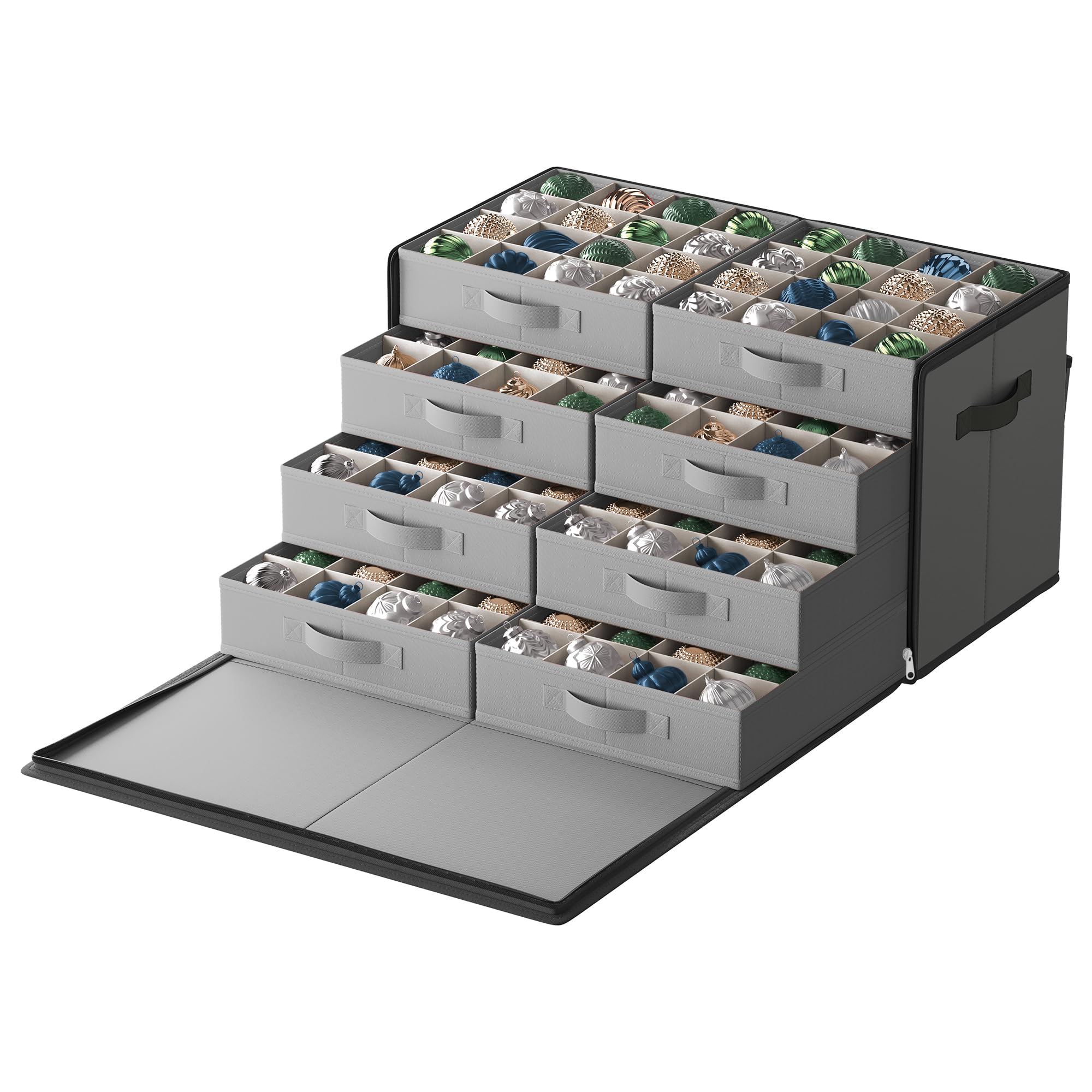 SONGMICS Large Christmas Ornament Storage Box, with Side Open, Stackable Christmas Storage Container with Lid, 8 Drawer Trays, 600D Oxford, 3-Inch 128 Slots, Dove Gray URFB038G01 Dove Gray 1