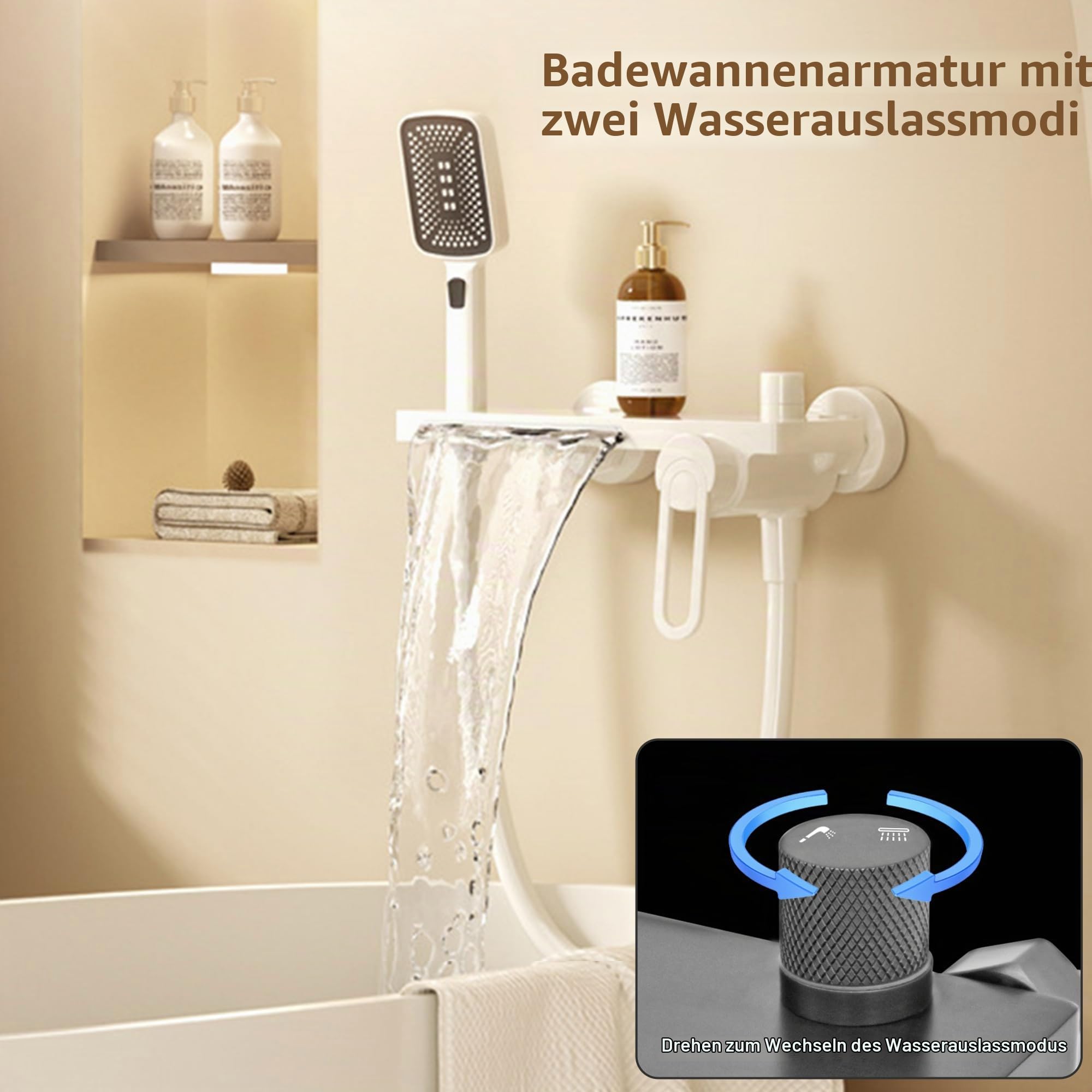 MocArt N502 Vollkupfer Badezapfen, Kalt-Warm-Regelung, Wandmontage, Handbrause mit 3 Stufen & Wasserfall-Auslass – Ideal für Badezimmerumbau und Modernisierung (Gebürstetes Gold)