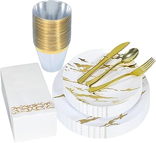 175pcs Gold Plastic Dinnerware Set – Elegant Disposable Plates, Cups, Utensils & Napkins for Wedding, Party, Birthday, Graduation