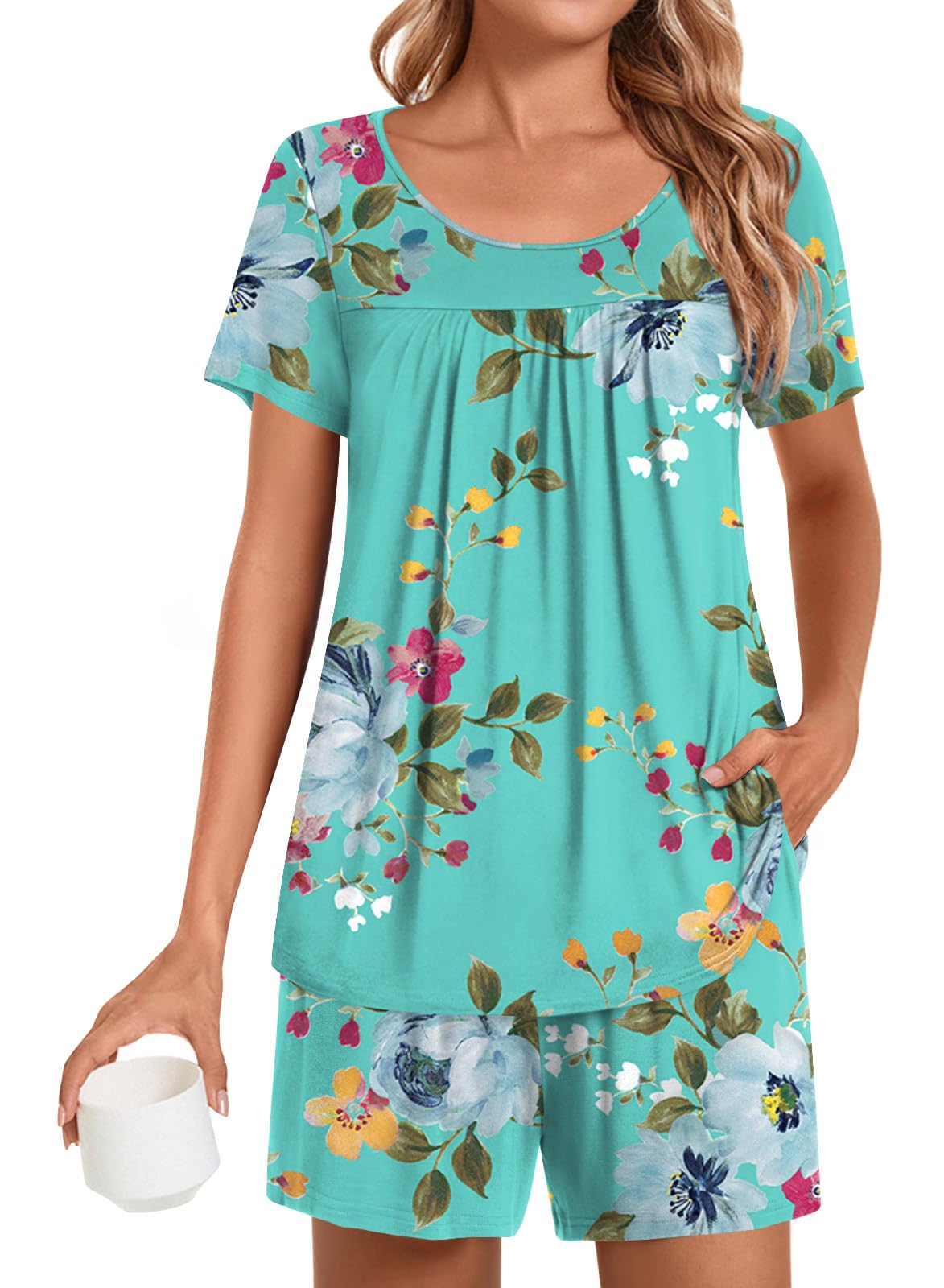 POPYOUNG Womens Pajama Sets Summer Short Sleeves 2 Piece Lounge Sleepwear Ladies Pjs Sets with Pockets