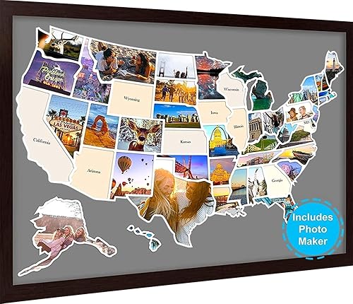 Mapa de fotos de Estados Unidos – Mapa de viaje de 50 estados de 24 x 36 pulgadas, incluye creador de fotos, regalo ideal para parejas, aventureros,