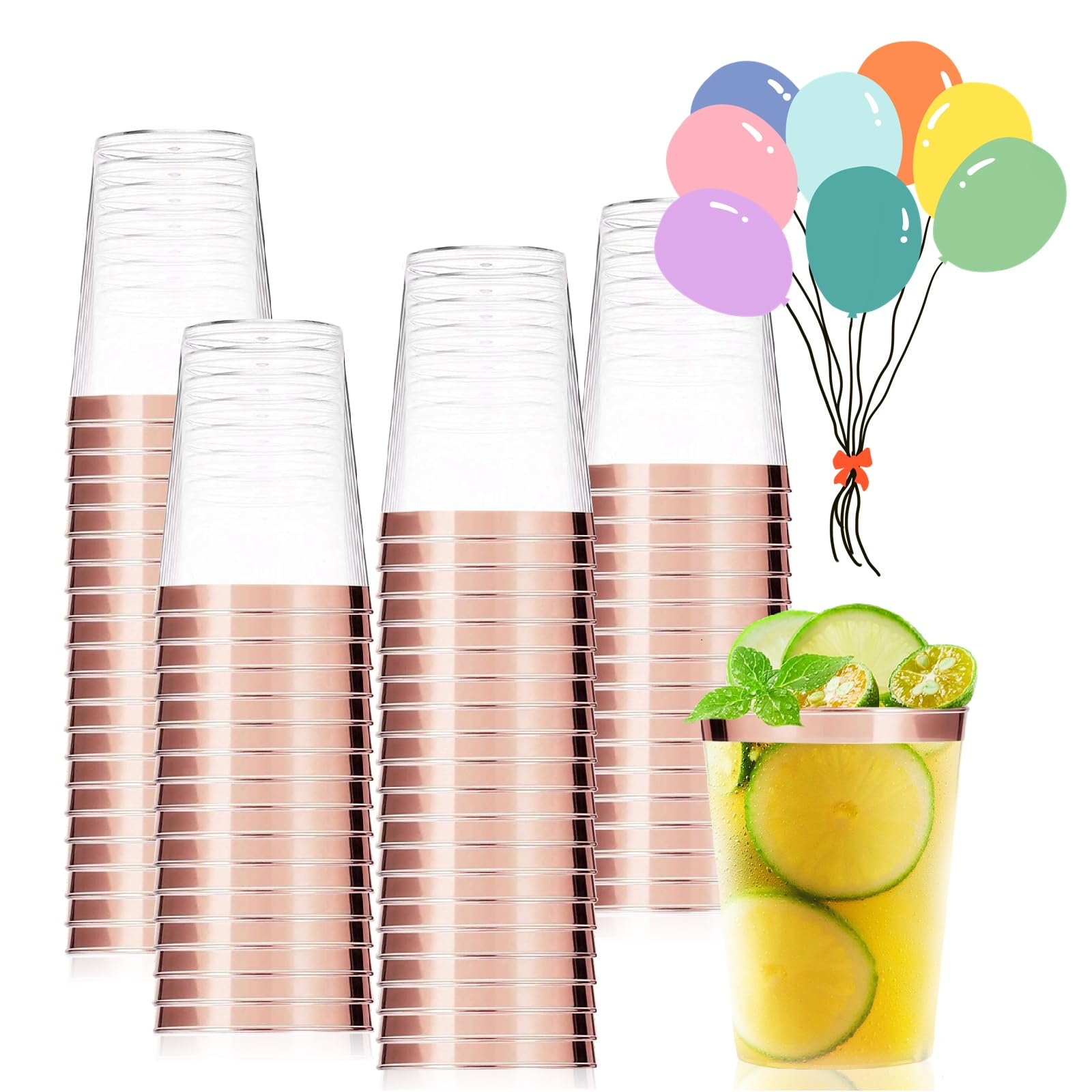 Auauraintt 50 Bicchieri Di Plastica Con Rivestimento lucido metallizzato, 280 ml, In PS, Riutilizzabili, Eleganti Bicchieri Da Vino Per Champagne e Birra, Cocktail, Martini, Soda Dessert (Oro rosa)