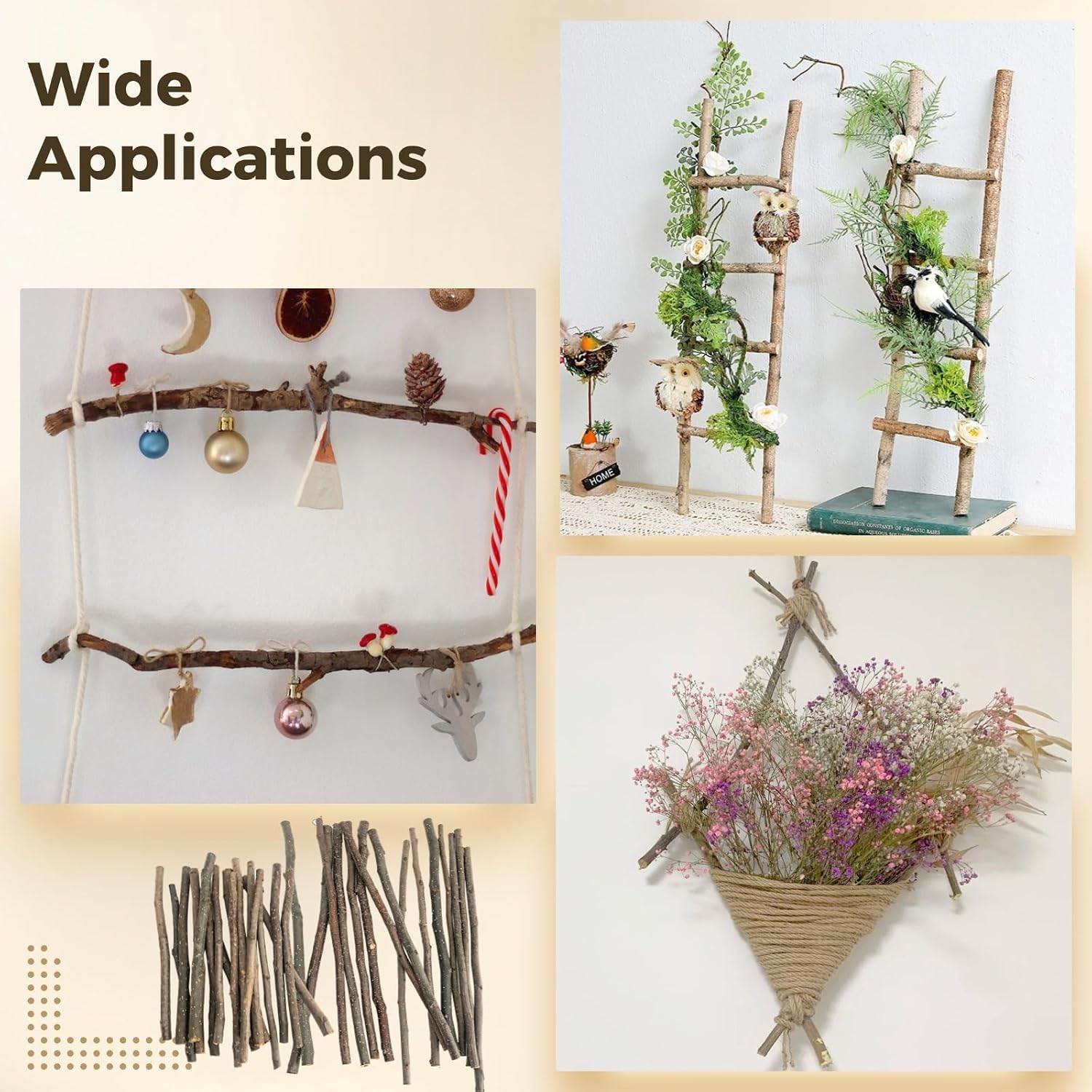 60 Pcs Craft Sticks with Wood, Rustic DIY Branches, Assorted Lengths 7.8 In/20 Cm and 11.8 In/30 Cm
