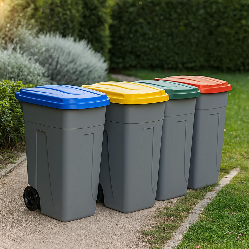 PALUPLUS Set 4 Bidoni Pattumiera con Ruote da 80 Litri, Misura, 45x50x78 cm, Coperchio Chiusura a Clip, Maniglia e Fermasacco a 4 Fissaggi, Secchi con Coperchi Rosso, Blu, Verde e Giallo -80F-16
