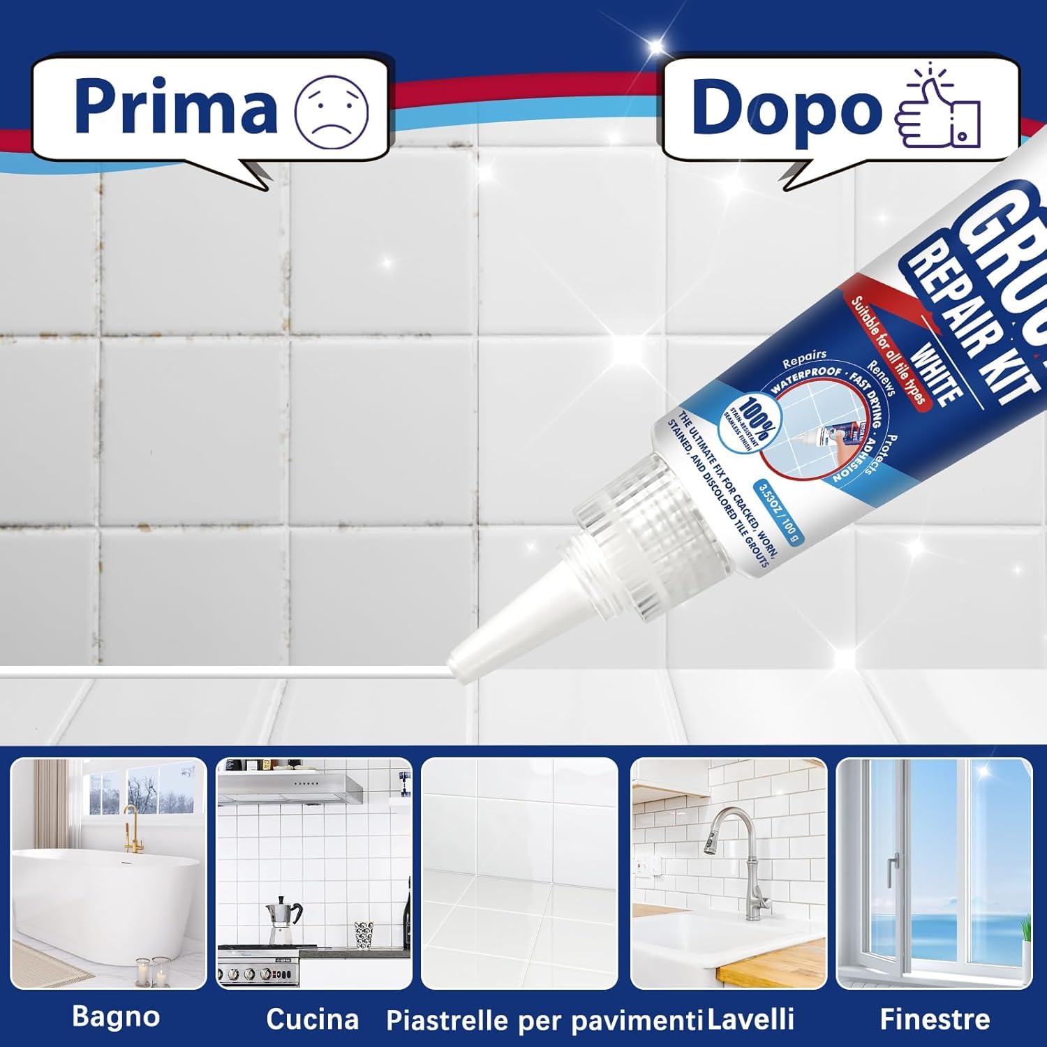 Riparazione Fughe Piastrelle Bianco, 2 Pack Kit Riparazione Piastrelle, Stucco per Piastrelle per Bagno e Doccia, Pavimenti e Pareti Cucina, Ripristina e Rinnova Giunzioni, Asciugatura Rapida