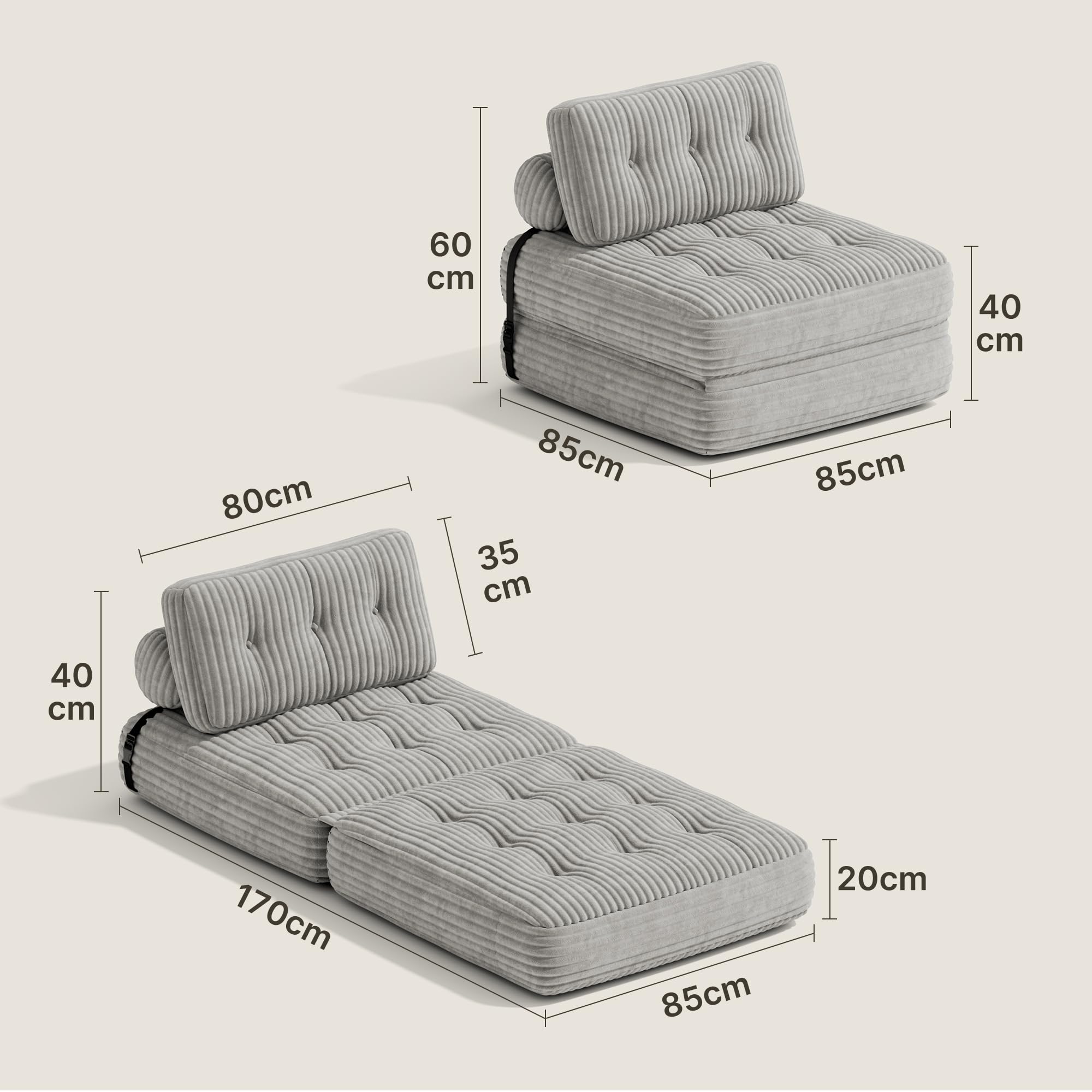 Xbro Składana sofa rozkładana z oparciem, przenośny fotel rozkładany w łóżku 2 w 1 do małych przestrzeni, sztruksowa tkanina z wypełnieniem piankowym, 190 x 85 cm rozłożony (jasnoszary)