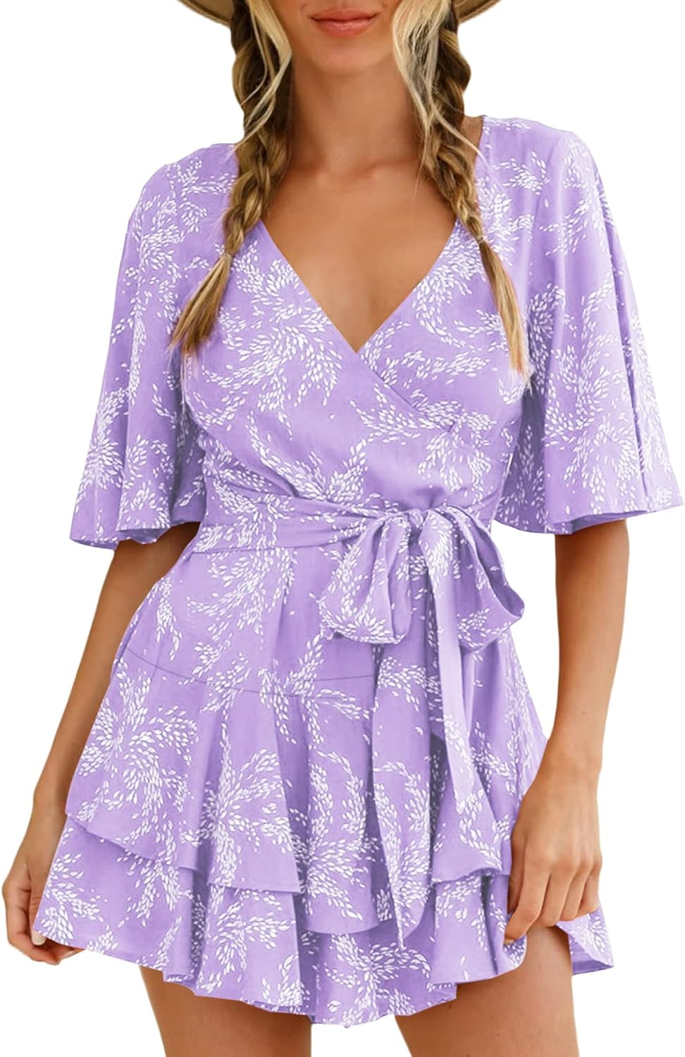 Relipop Women's Summer Romper Floral V Neck Short Sleeve Waist Tie Knot Ruffle Hem Short Casual Rompers Jumpsuits