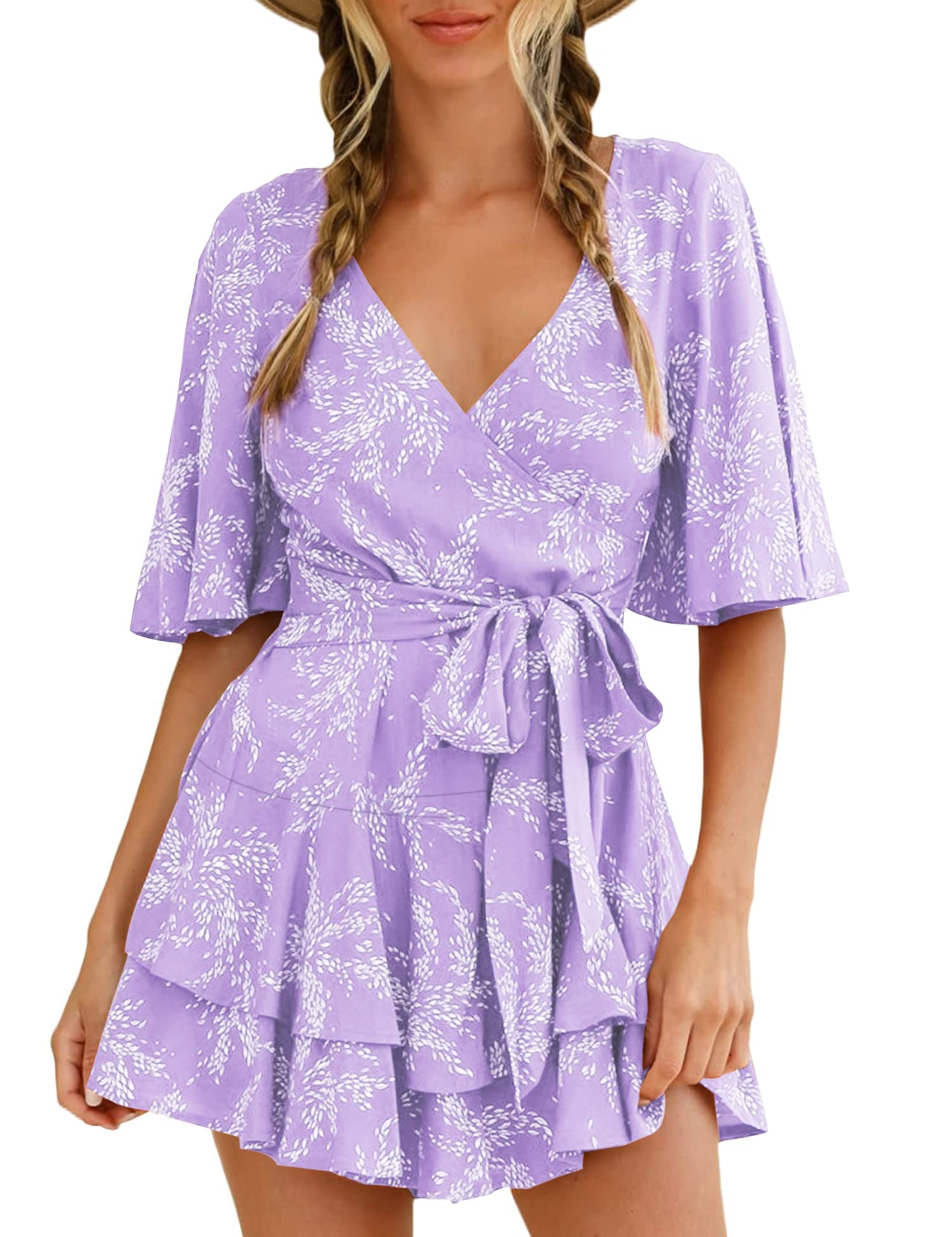 Relipop Women’s Summer Romper Floral V Neck Short Sleeve Waist Tie Ruffle Hem Vacation Outfits 2026 Casual One Piece Jumpsuit