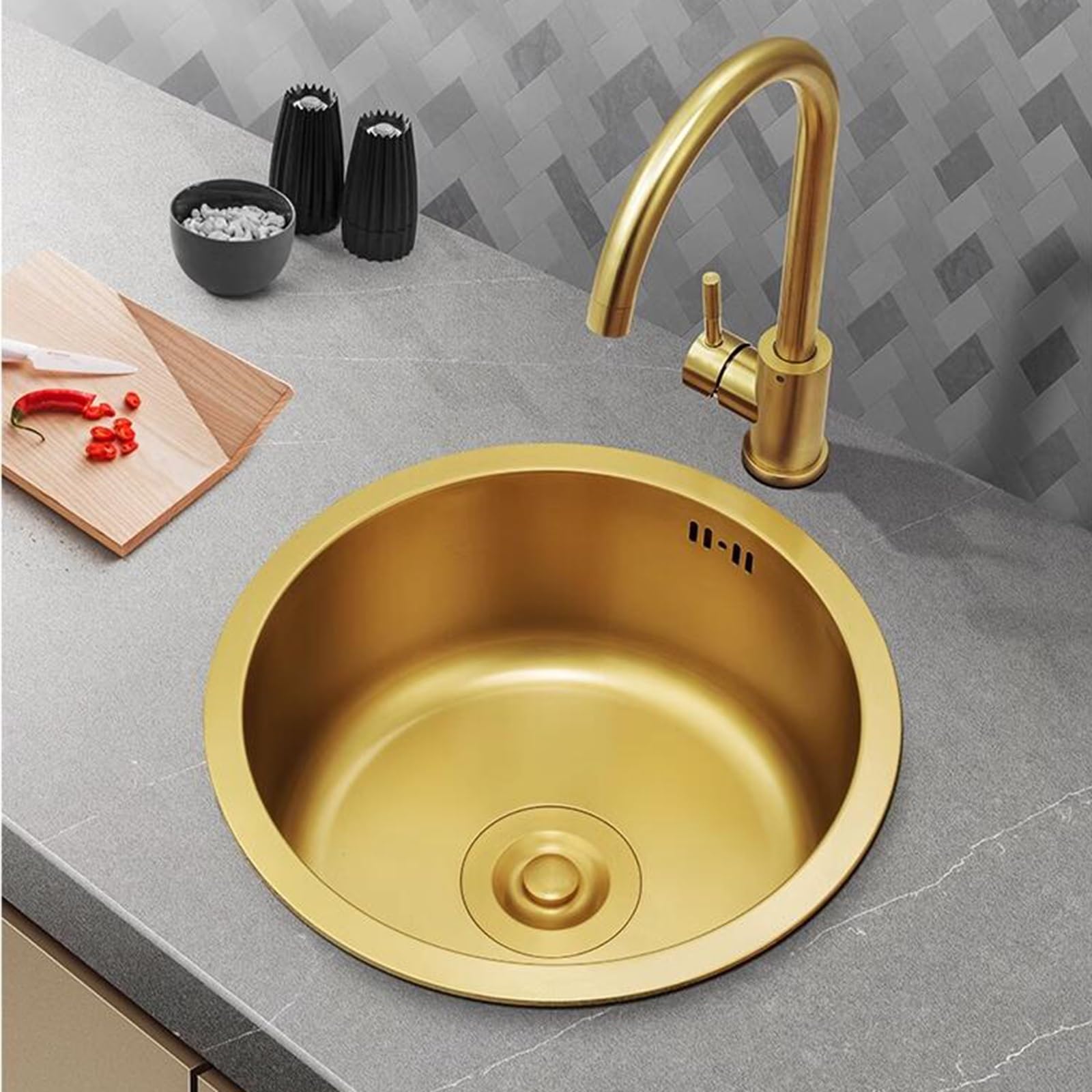 Lavello a sifone a vasca singola in acciaio inox con rubinetto per balcone, cucina, bar, lavello bello e resistente, color oro, 40 x 40 x 2,