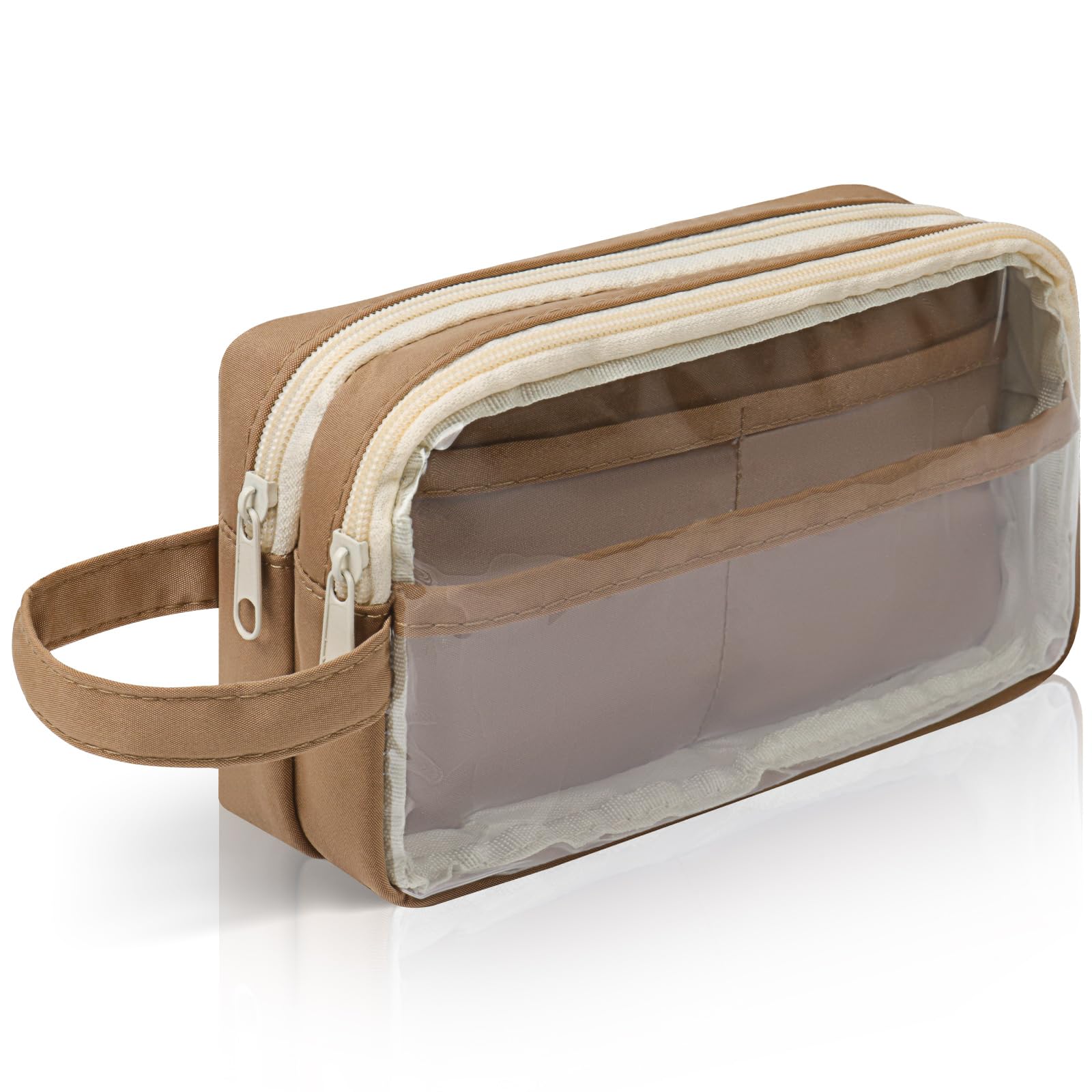 TIECHI Large Capacity Pencil Case – Clear Pencil Case with Compartments, Double Layer Design & Carry Handle, Stationery Set for School Supplies, Back to School Stationery Supplies (Brown)