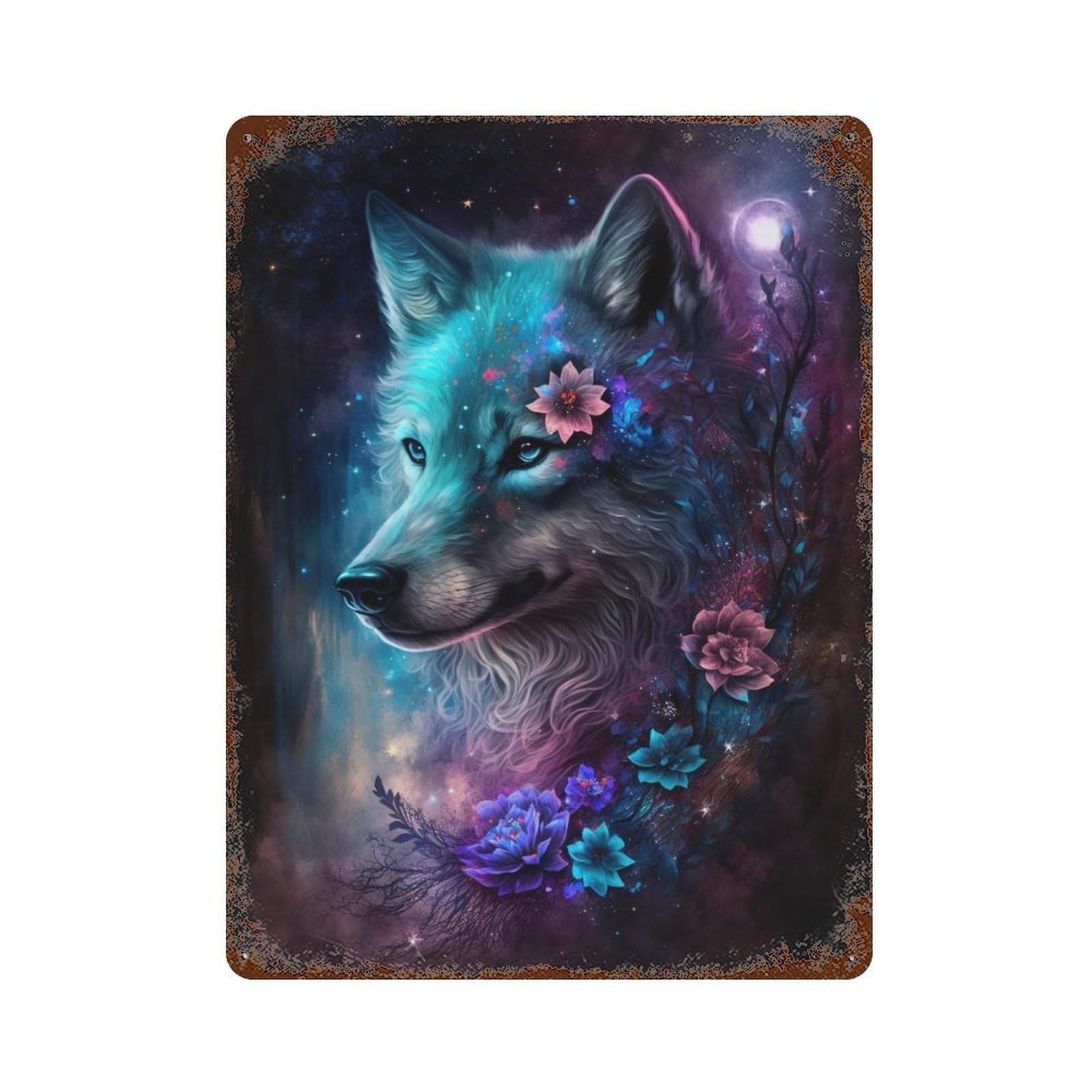 Magical Wolf Fantasy Art Print Distressed Metal Wall Sign 15.7"x11.8", for Garage, Bar And Workshop Decor, Decorative Metal Wall Art