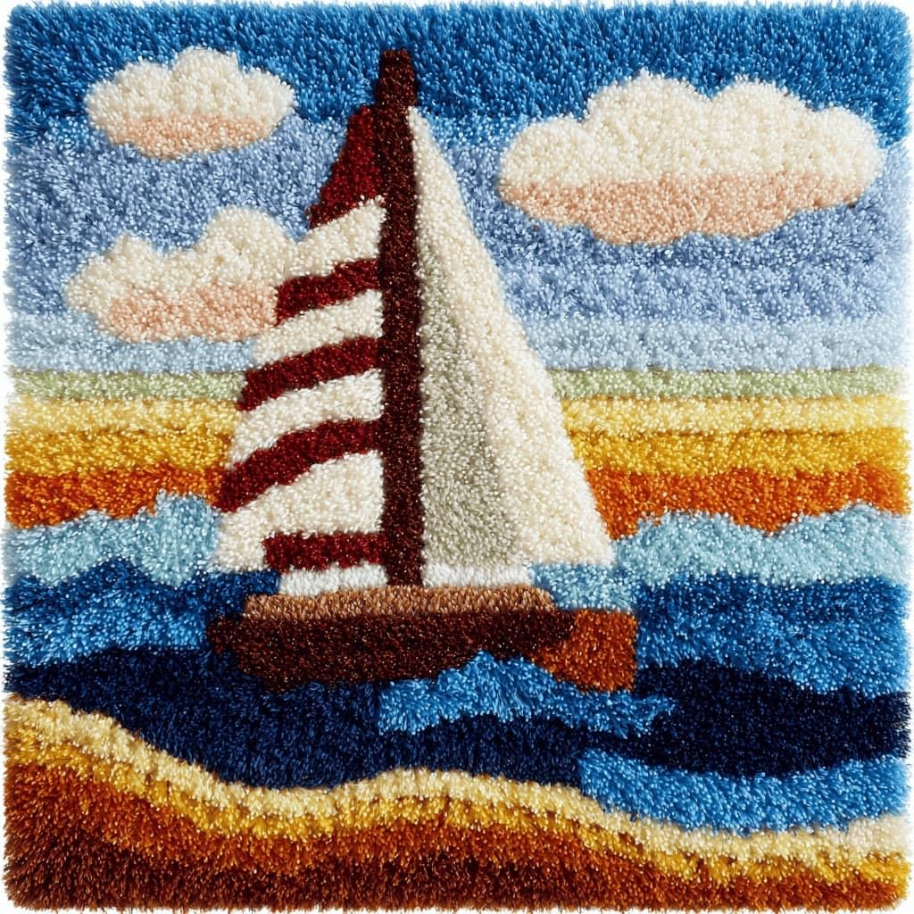 AxiangziK Latch Hook Cushion Kits,Sailboat DIY Needlework Pillow Cover Cushion Rug Making Kit,17X17Inch Handmade Embroidery Kits, Decorative Throw Pillow Cover for Sofa Cushions, Bedroom Decor