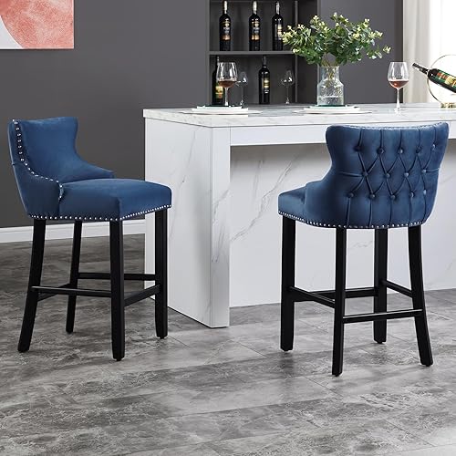 Virabit Counter Height Bar Stools Set of 2, 27" Velvet Bar Stools with Button Back and Nailhead Trim, Upholstered Bar Stool with Wooden Legs, for Kitchen, Cafe, Pub (Blue)
