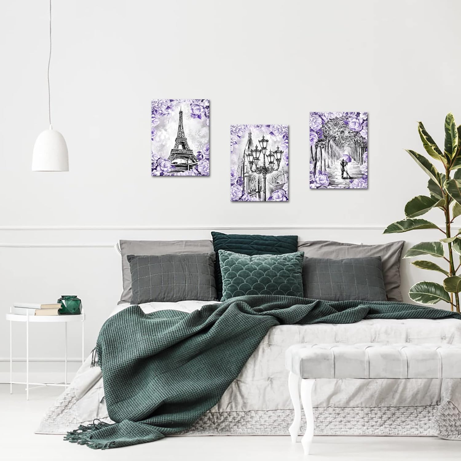 Apicoture Eiffel Tower Wall Art Purple Paris Wall Decor Romantic Paris Couple Love Theme Pictures Decor for Living Room Bathroom 12"x16"x3 Panels