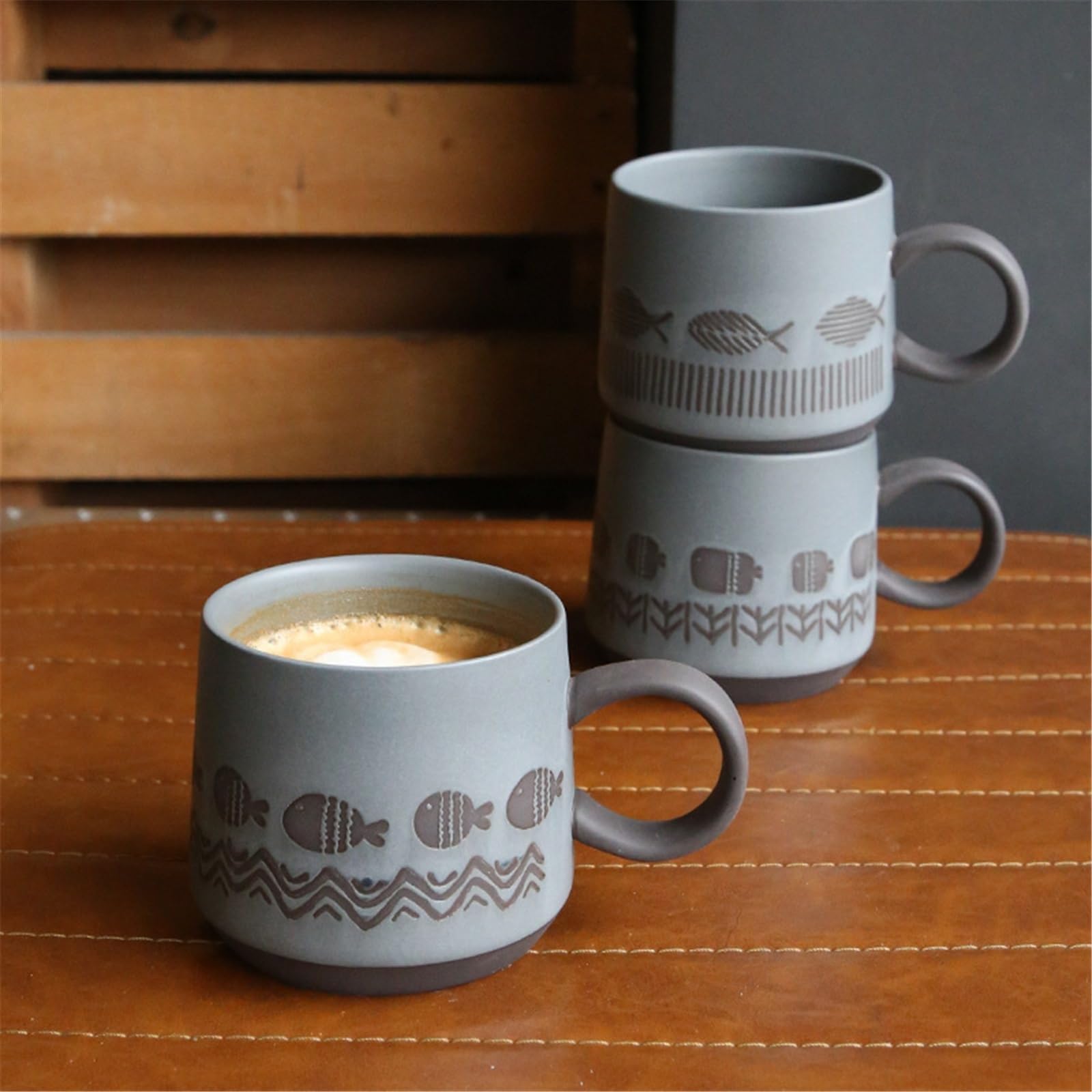 Tee Kaffeetasse Mugs Vintage Steinzeug Kaffeetasse gewellt gestreift Fisch Frühstück Haferflocken Becher 450ml
