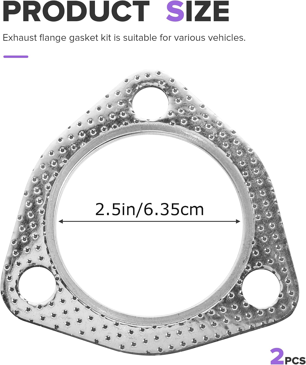 2PCS Exhaust Gasket,Car Accessories 3-Bolt Header Gasket,Automotive Replacement Exhaust Pipe Connector Gaskets,Used for Piping Connections for Manifold,Header,Muffler (2.5inch)