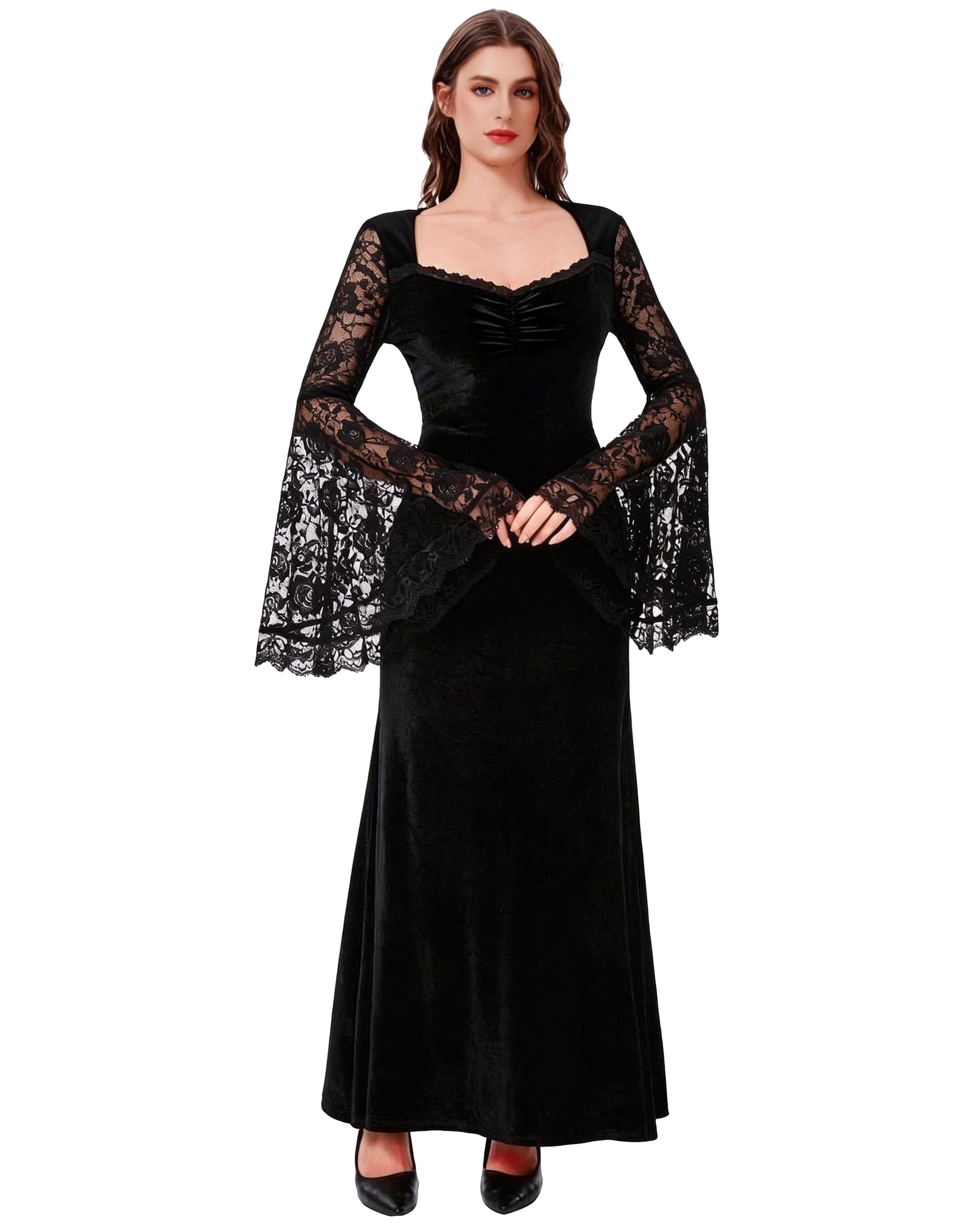 LUYANA Womens Gothic Halloween Velvet Dress with Lace Long Sleeve XS Black
