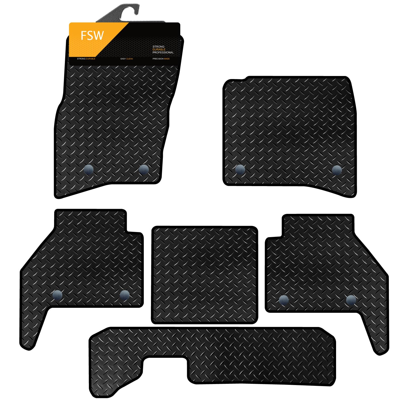 FSW - Tailored Mats - Fits LANDROVER Defender 110 2020-On LWB 3mm Heavy Duty Rubber - Anti Slip Mat, Fitted With Clips, Waterproof & Edged With Black Cloth Binding - 6 Pc Floor Mats Only
