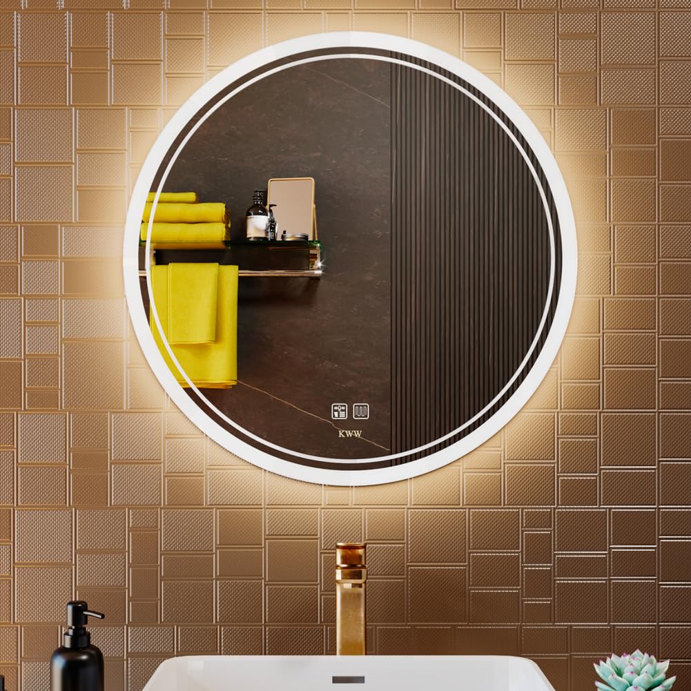 KWW Round Mirror Bathroom LED Lighted Mirror, Illuminated Dimmable Anti-Fog Wall-Mounted Makeup Vanity Mirror with Lights (24 * 24 inch)