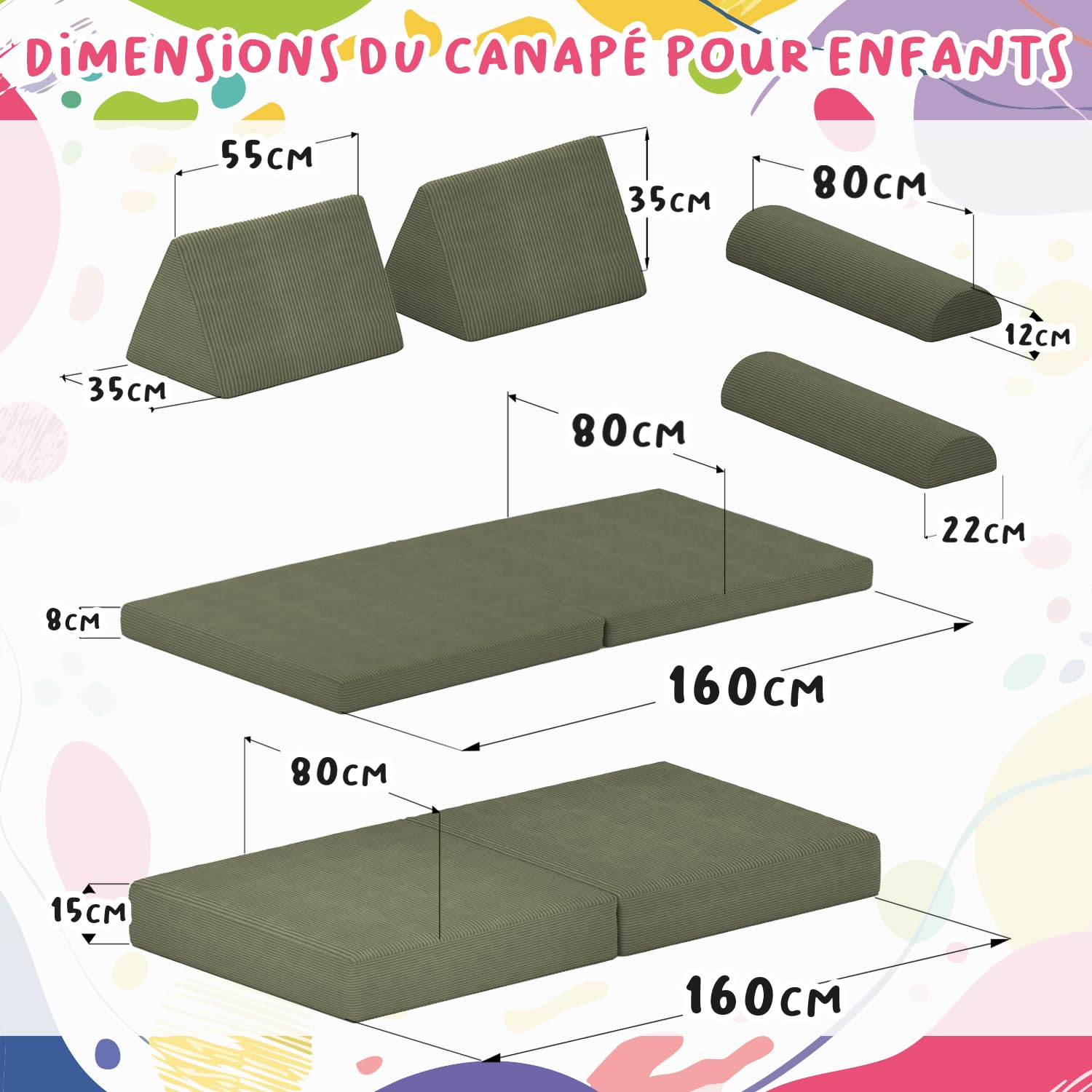 POKAR Canapé Enfant Convertible Velours Côtelé | Canapé Modulable Enfant en Mousse | Possibilités de Jeux Infinies pour Chambre d'enfant | Certifié Oeko-TEX | Brun Chocolat