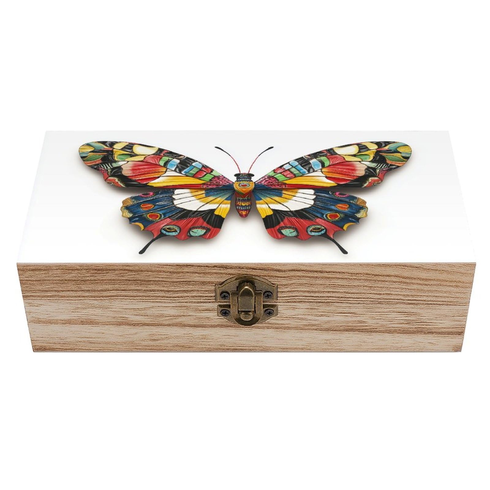 Ahdyr Colorful Butterfly Wooden Storage Box with Hinged Lid And Front Clasp Large Keepsake Box