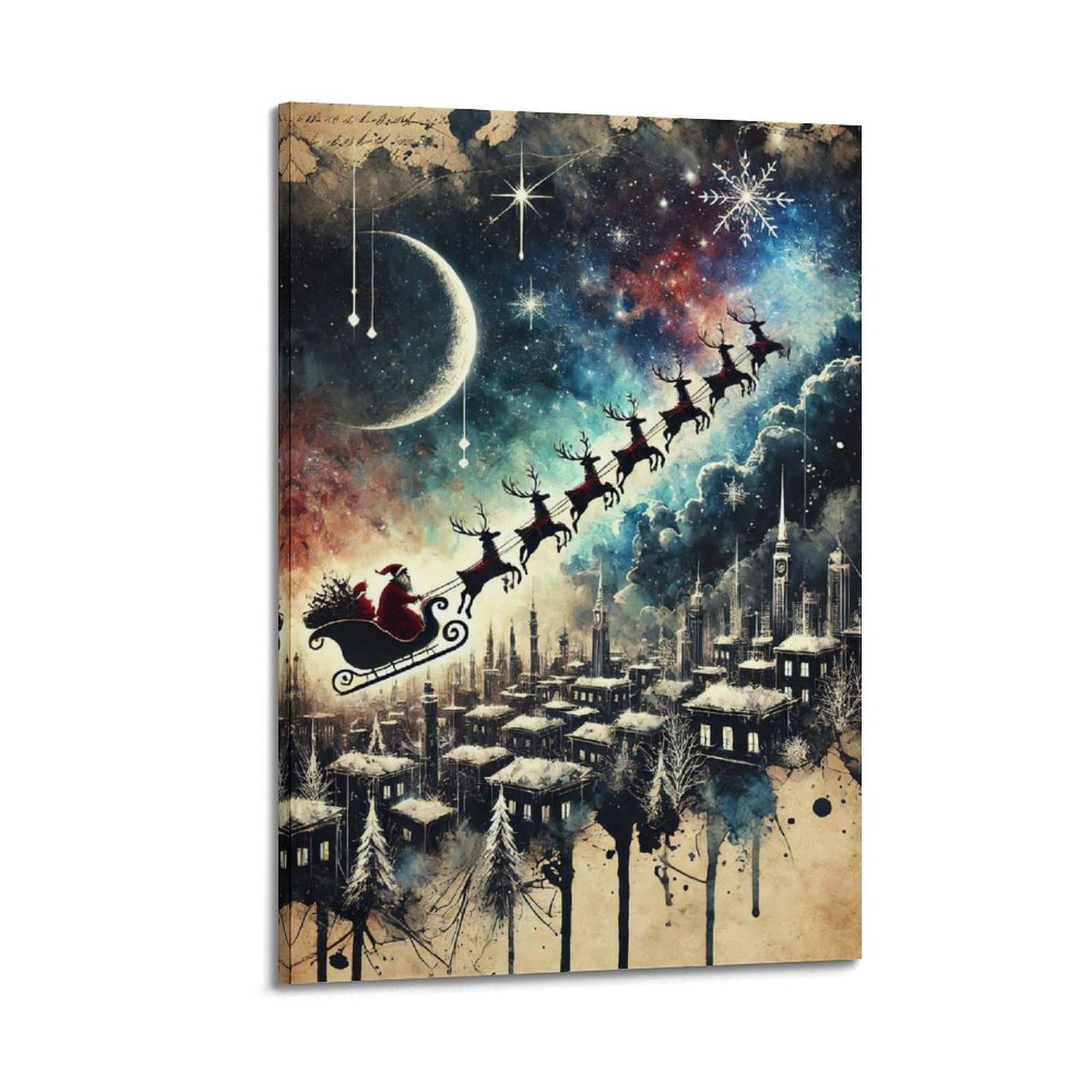 CWLLOG Stampe su tela da parete, poster natalizio con slitta interstellare sulla città, evidenziando festival di fantascienza, decorazione moderna per soggiorno e camera da letto, 60 x 90 cm