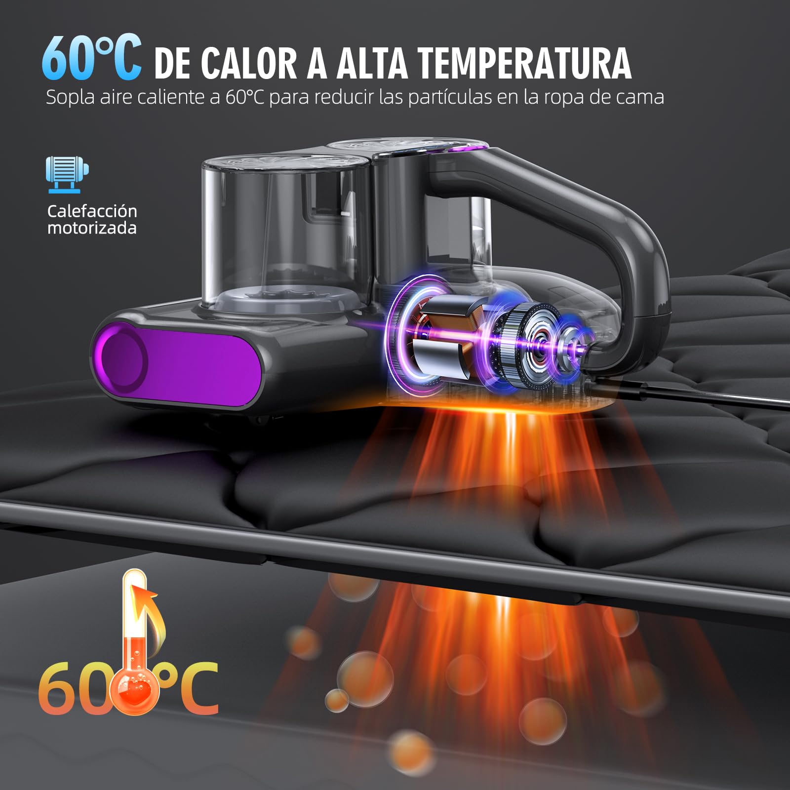 Aspiradora de ácaros para Colchones con Luz UV de 253,7 NM y 16 kPa Aspiradora Antiacaros Calentamiento Cepillo Giratorio Ultrasónica Filtro HEPA Puerto de Succión Ampliado