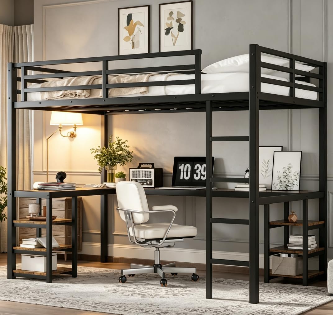 Bellemave Twin XL Size Loft Bed with Desk and Shelves, Metal Twin XL loft bedframe with L Desk and 6 Storage Shelves, Black