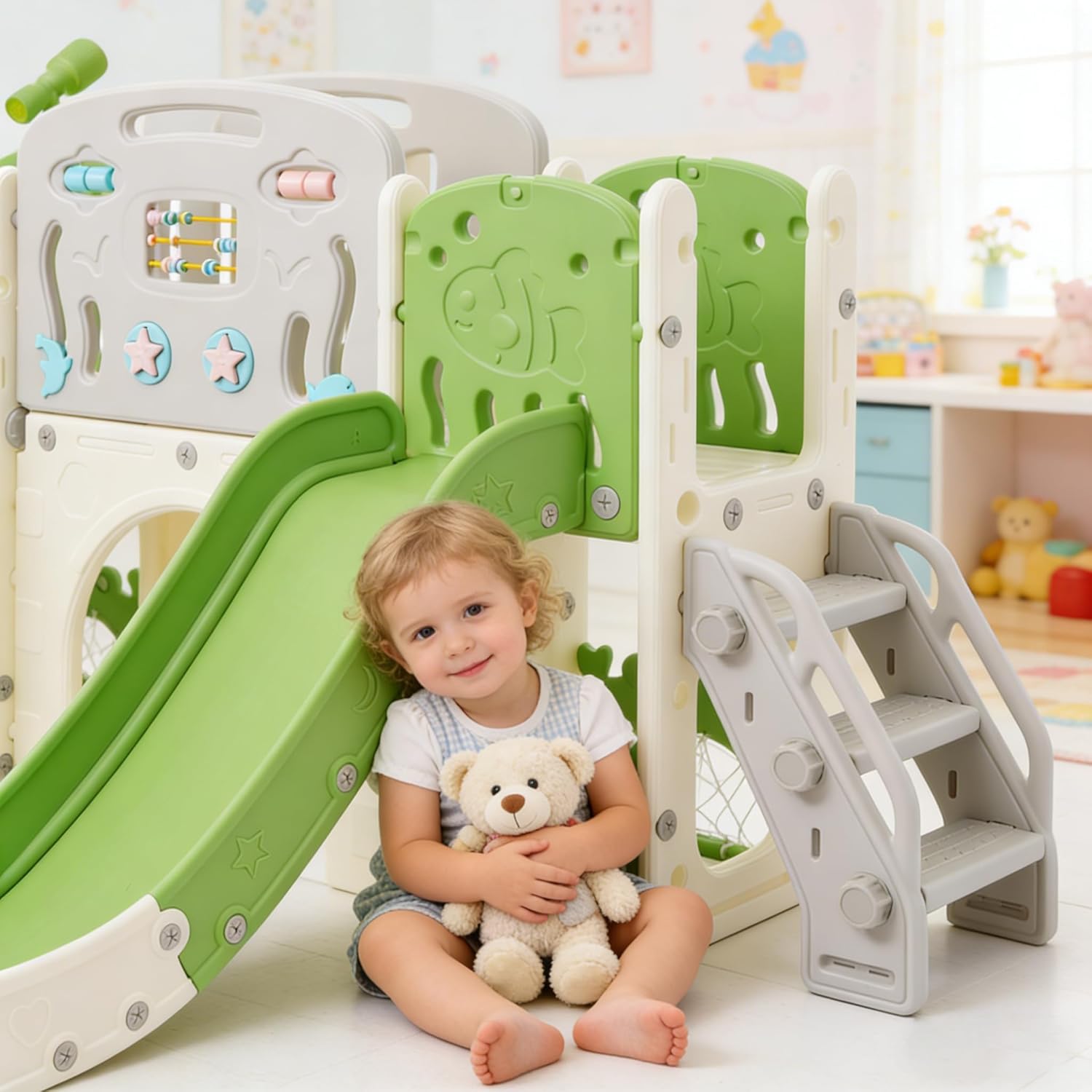 11-in-1 Multi-Activity Toddler Playset with Slide, Basketball Hoop & Telescope - Indoor/Outdoor Playground for Ages 1-3 (Blue+Gray)