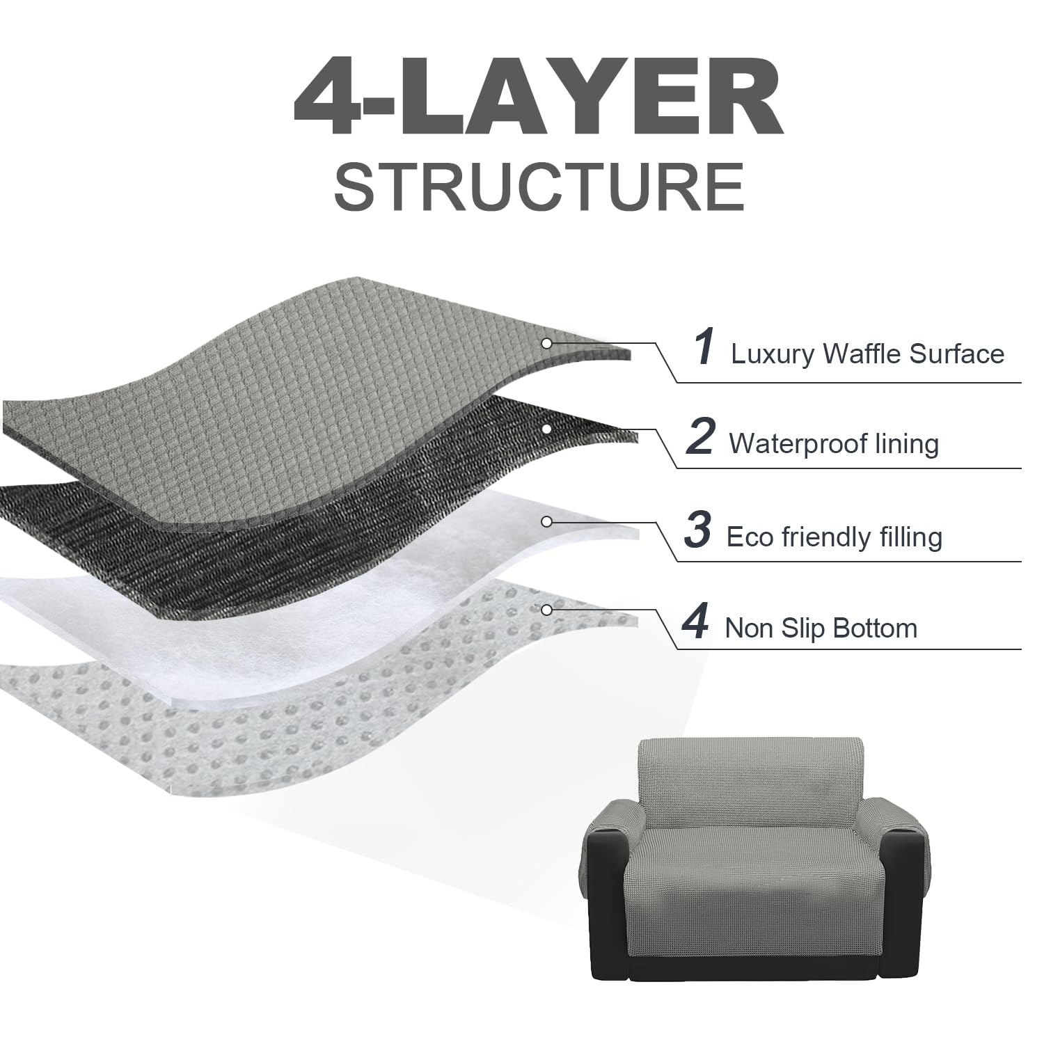 Snugglesinto Sofa Cover, Water Resistant Slipcover Furniture Protector, Washable Couch Cover with Non Slip and Elastic Straps for Kids, Dogs, Pets(Loveseat, LightGrey-Waffle)