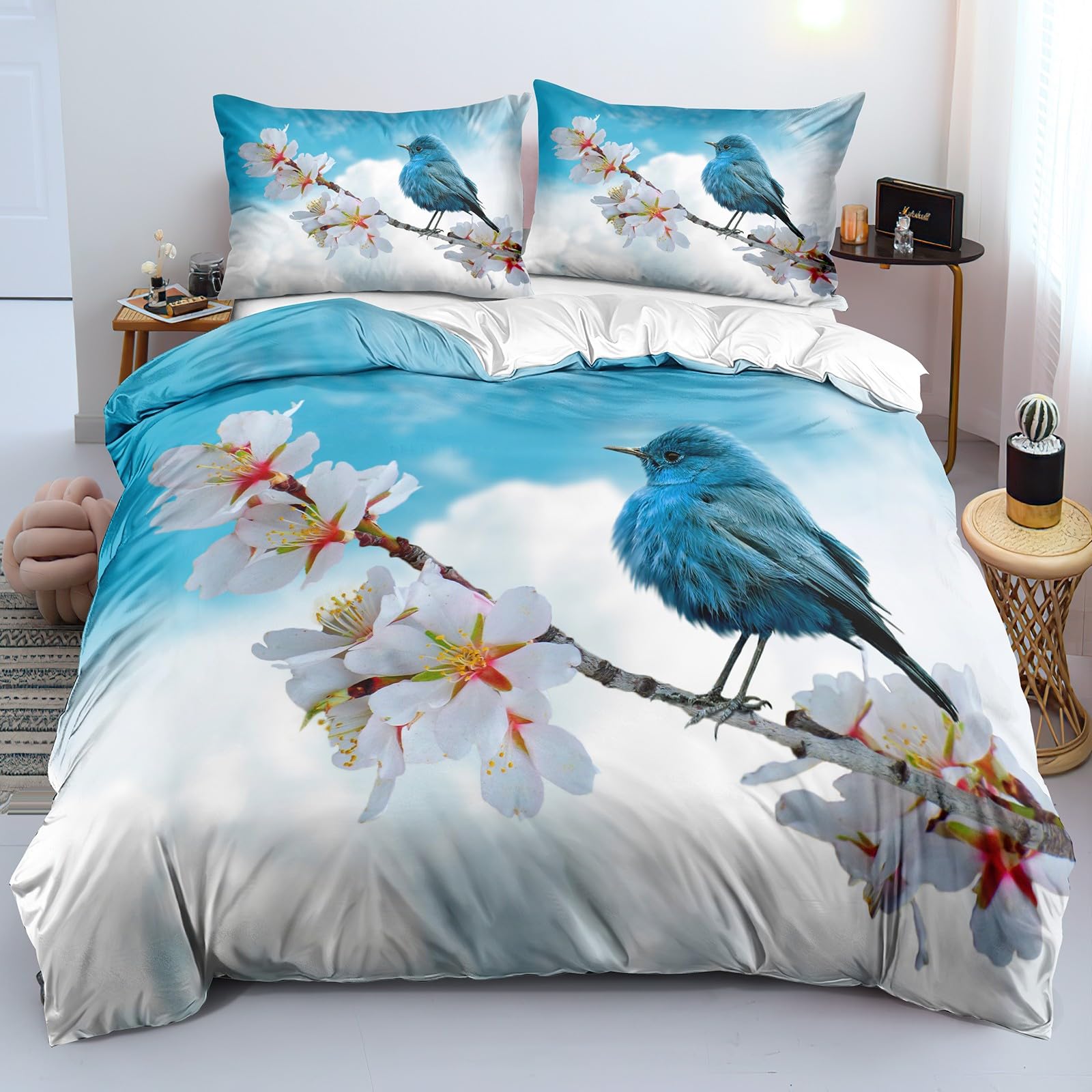 Housse de Couette 240x260 cm Oiseau Parure de Lit Fleur Réversible