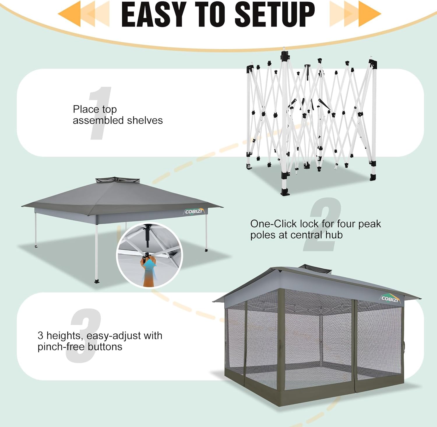 COBIZI 13x13 Pop Up Gazebos On Clearance Canopy Tent- Upgrade Metal Outdoor Canopy Waterproof - Portable Gazebo with Mosquito Nettings, 4 Ropes 8 Stakes and Carry Bag for Patio Garden(Gray)