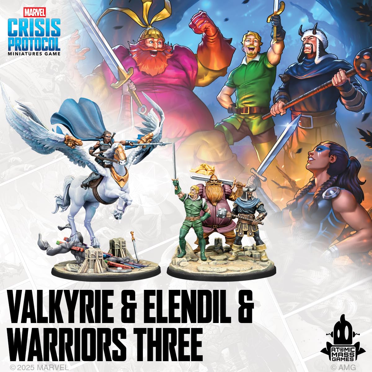 Atomic Mass Games | Marvel Crisis Protocol Valkyrie And Warriors Three | Character Pack Per Gioco Di Miniature, Eroi Asgardiani, Valkyrie A Cavallo, Team Tactic Cards | 2 Giocatori | 90 Minuti