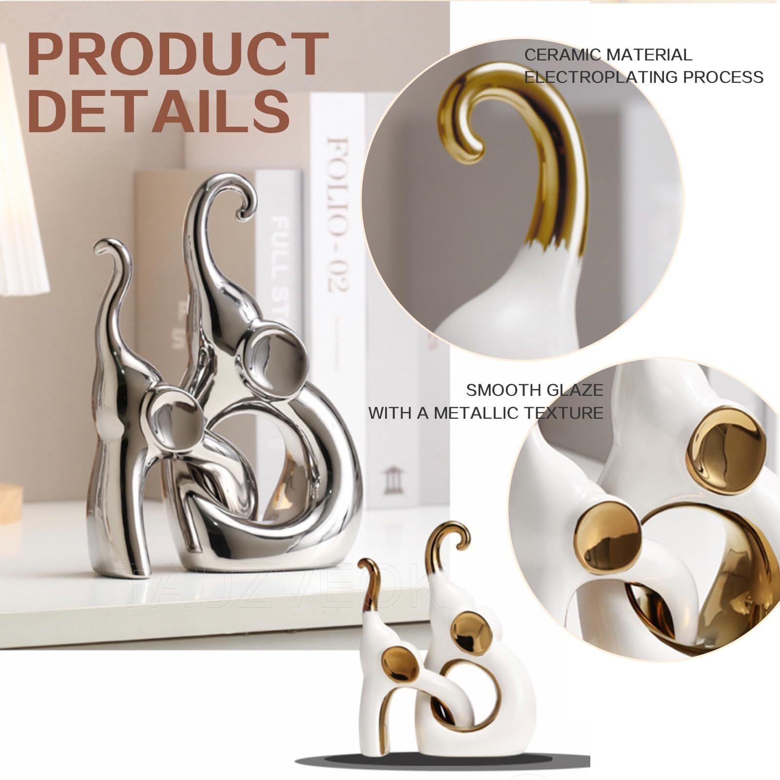Regalos para Mujeres Elefante Deco Escultura Estatua De Cerámica Moderna Decoración para estanterías(Gold)